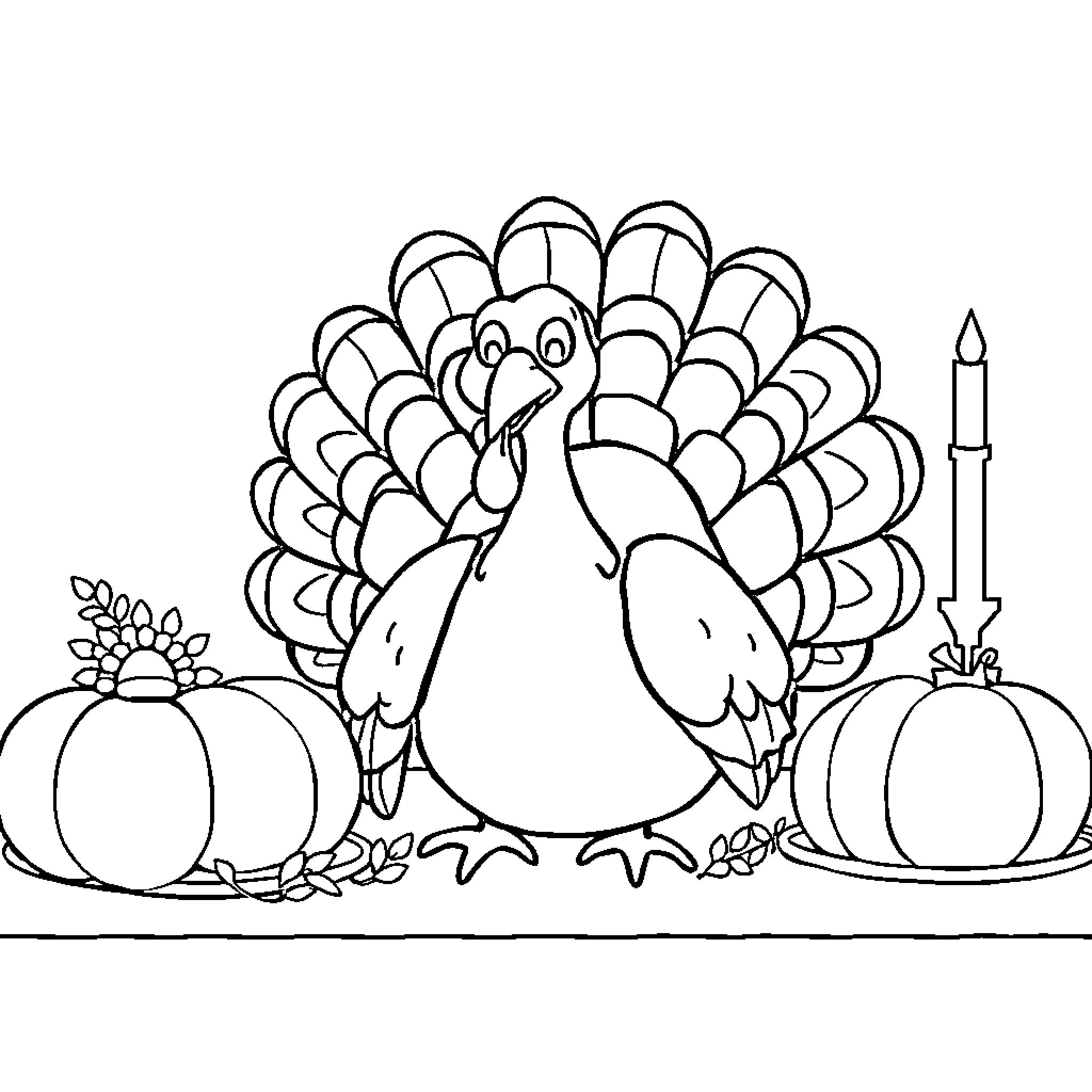 Turkey posing in a festive scene Coloring Page (free black-and-white line drawing printable PDF for all, from beginners to advanced learners, including children, teens, adults, and seniors)