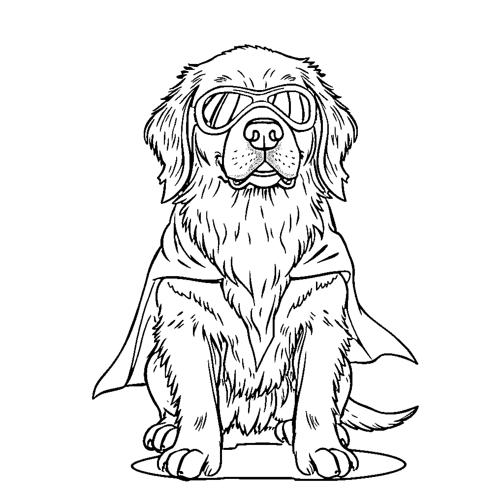 Golden Retriever wearing goggles Coloring Page (free black-and-white line drawing printable PDF for all, from beginners to advanced learners, including children, teens, adults, and seniors)