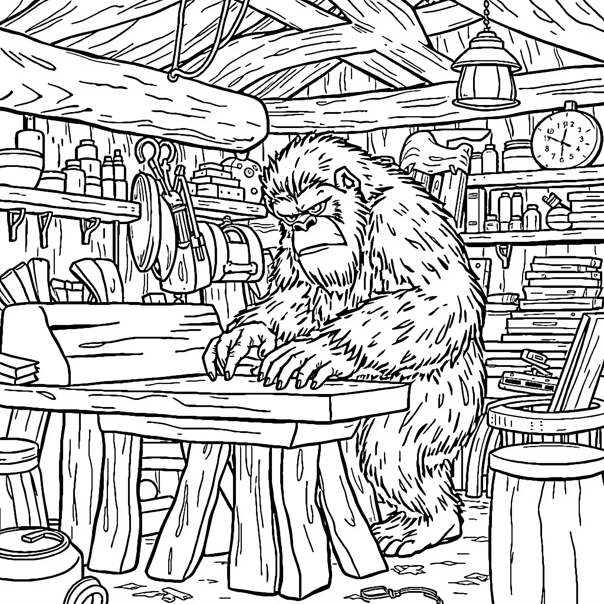 Bigfoot working diligently in a cluttered workshop Coloring Page (free black-and-white line drawing printable PDF for all, from beginners to advanced learners, including children, teens, adults, and seniors)