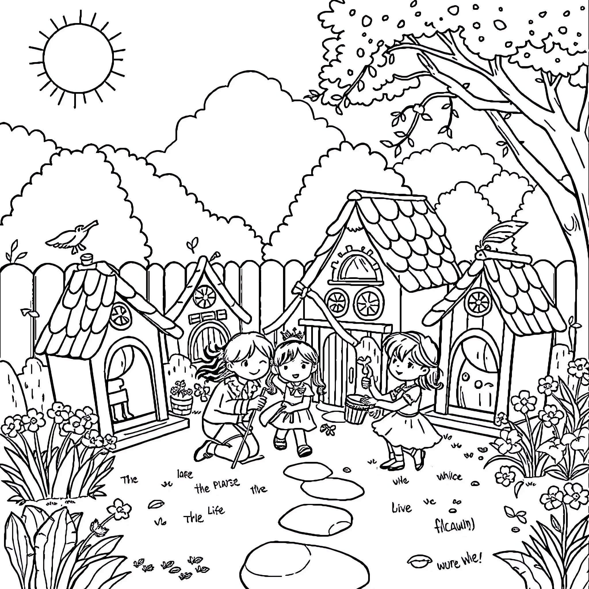 Kid's Playful Imagination in a Fairy-Tale World Coloring Page (free black-and-white line drawing printable PDF for all, from beginners to advanced learners, including children, teens, adults, and seniors)