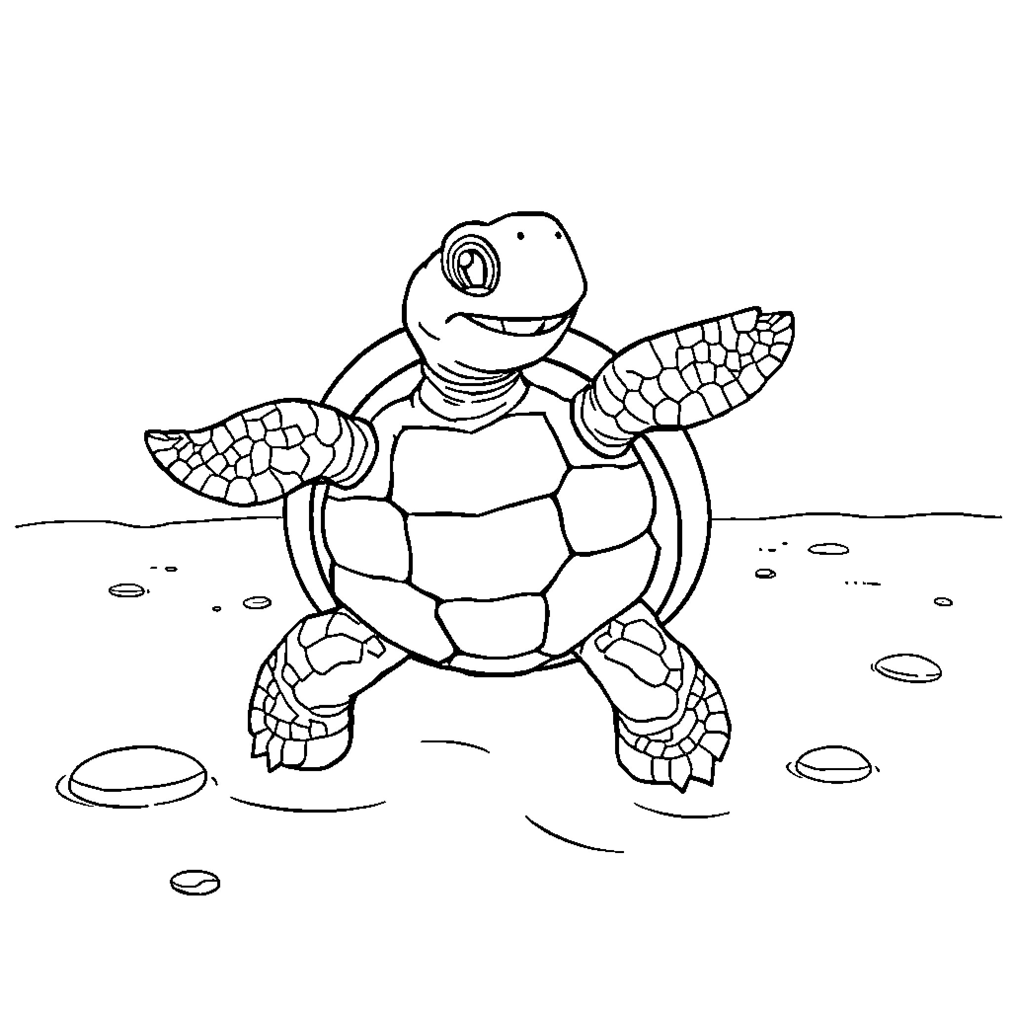 Tortuga swimming happily in the ocean Coloring Page (free black-and-white line drawing printable PDF for all, from beginners to advanced learners, including children, teens, adults, and seniors)