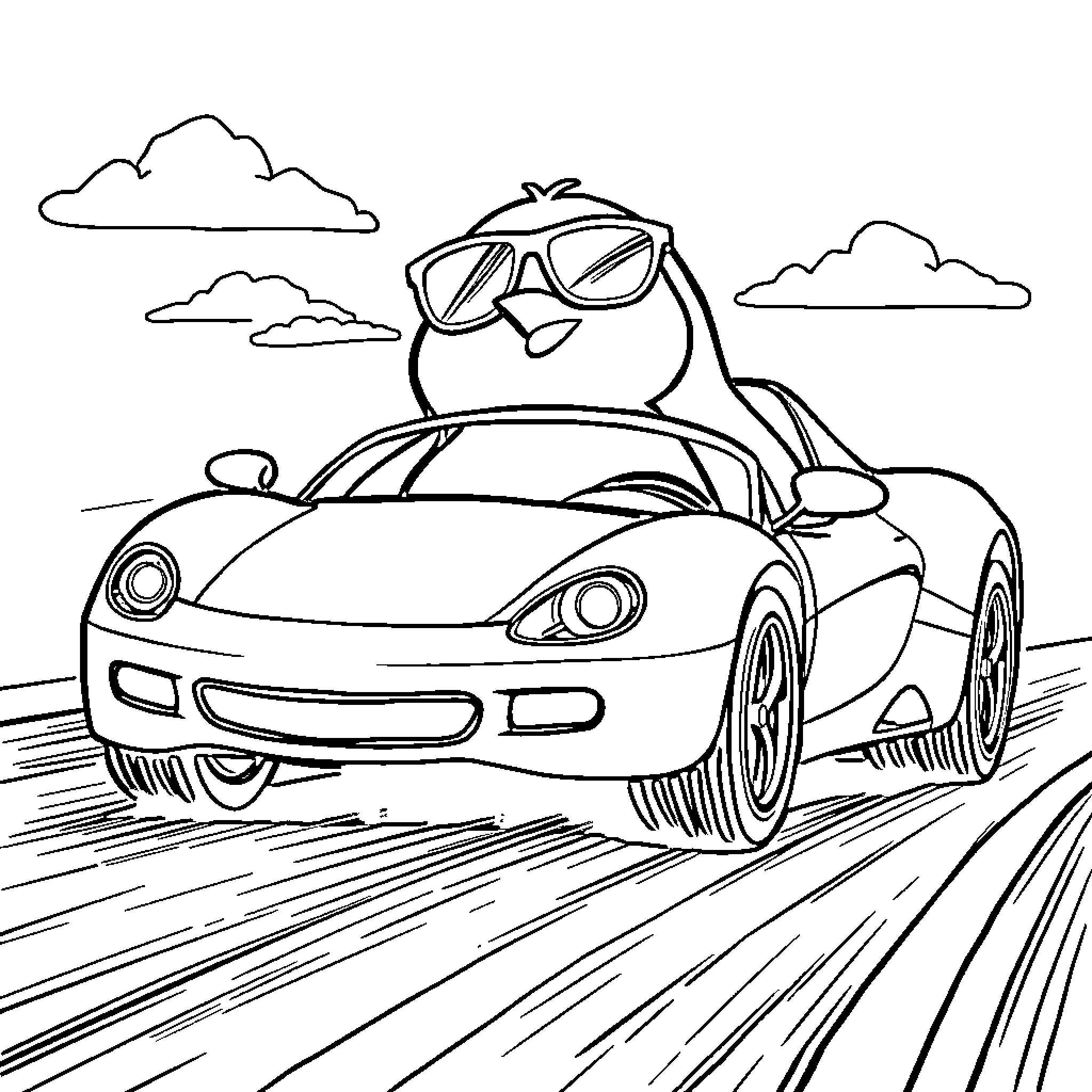 Penguin driving a sports car on the road Coloring Page (free black-and-white line drawing printable PDF for all, from beginners to advanced learners, including children, teens, adults, and seniors)