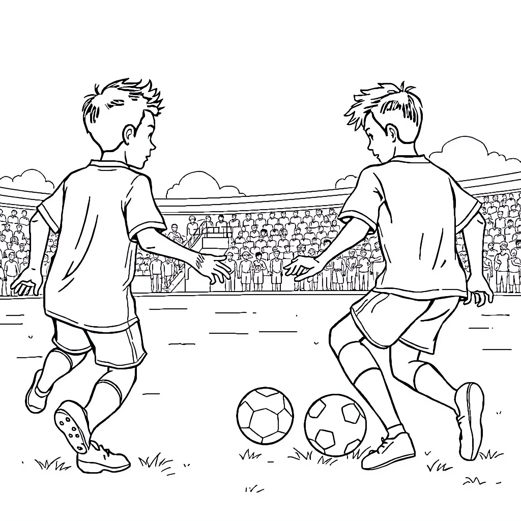 Football players compete on the field Coloring Page (free black-and-white line drawing printable PDF for all, from beginners to advanced learners, including children, teens, adults, and seniors)