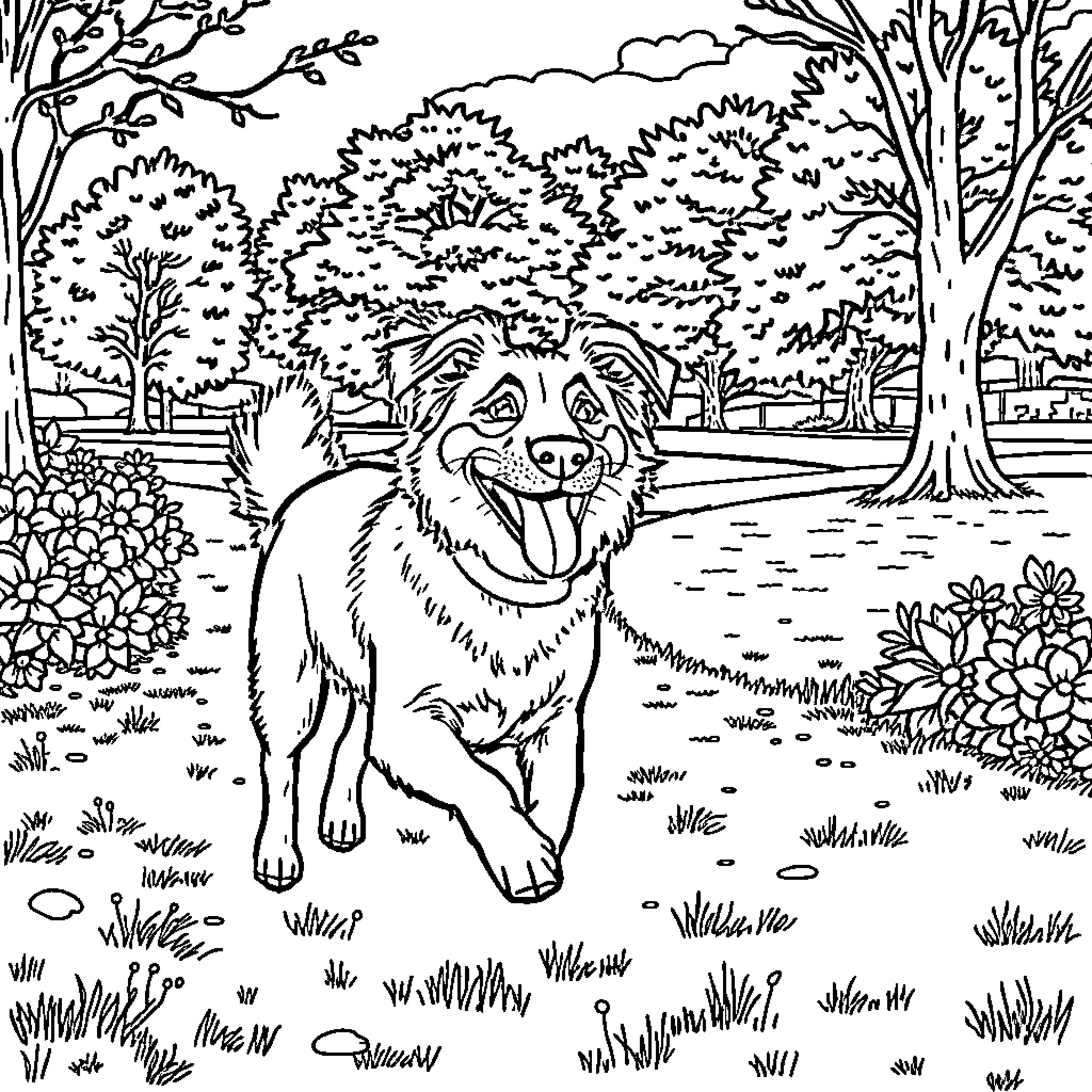 Dog enjoying outdoor nature scene Coloring Page (free black-and-white line drawing printable PDF for all, from beginners to advanced learners, including children, teens, adults, and seniors)