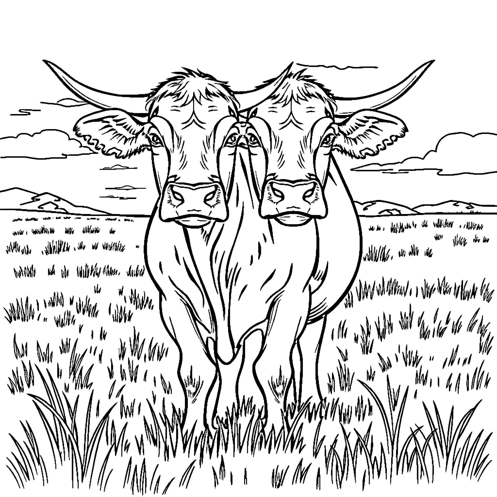 Two Headed Cow Grazing in a Grassy Field Coloring Page (free black-and-white line drawing printable PDF for all, from beginners to advanced learners, including children, teens, adults, and seniors)