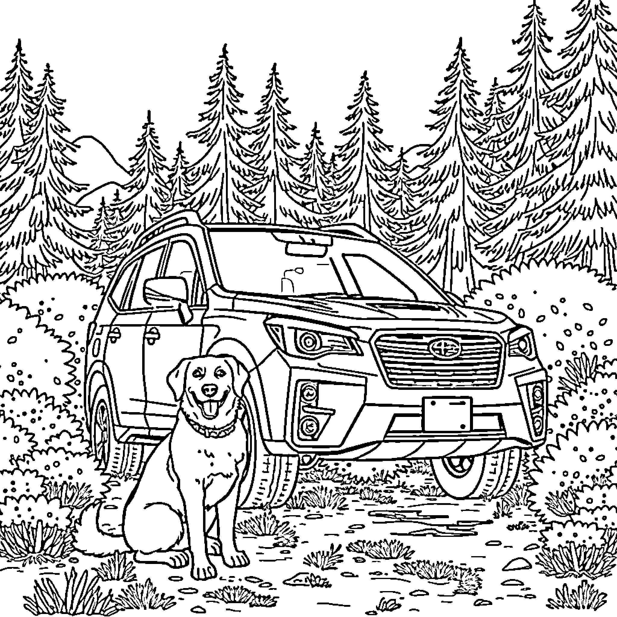 Subaru Adventure in the Forest Coloring Page (free black-and-white line drawing printable PDF for all, from beginners to advanced learners, including children, teens, adults, and seniors)