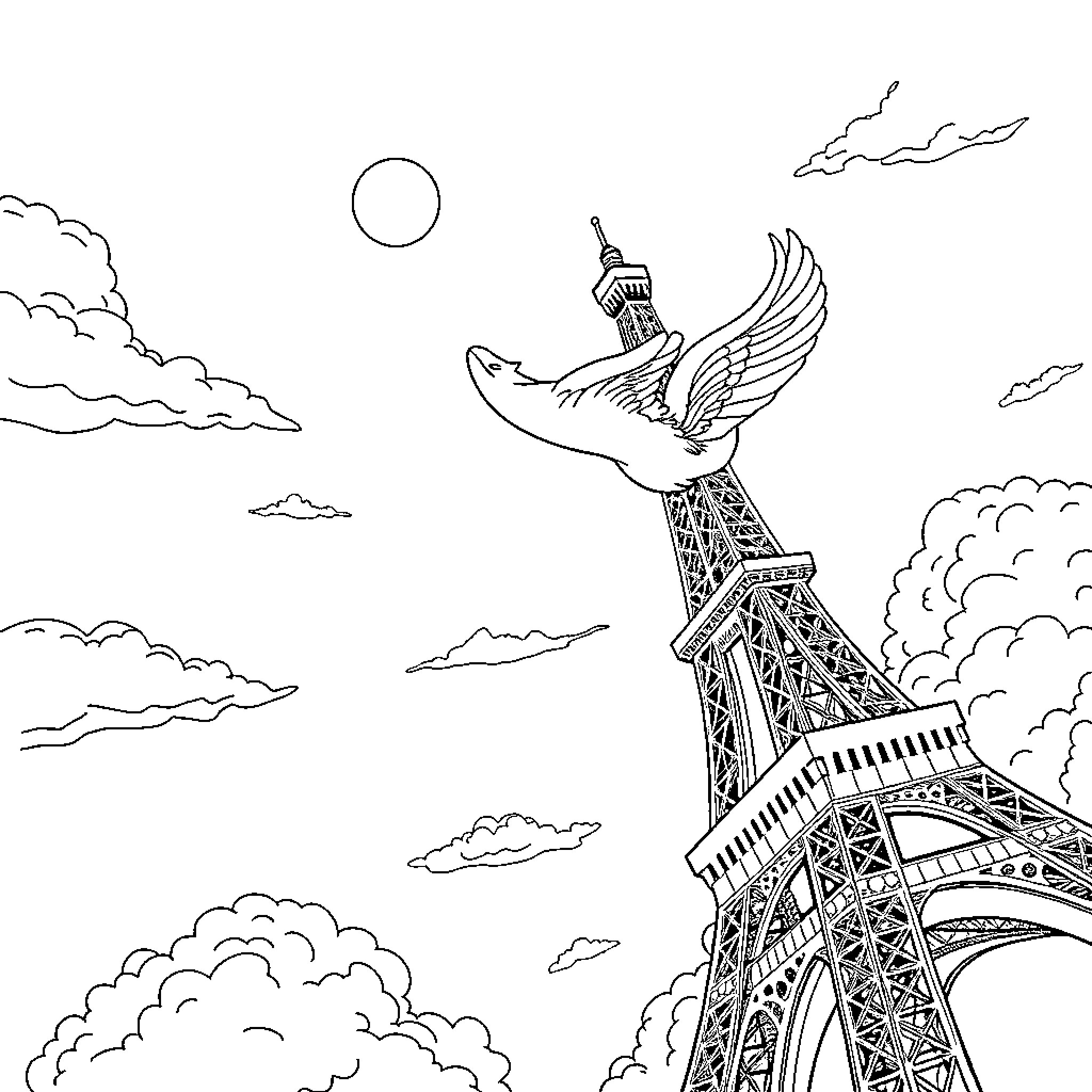 Eiffel Tower with a flying bird Coloring Page (free black-and-white line drawing printable PDF for all, from beginners to advanced learners, including children, teens, adults, and seniors)
