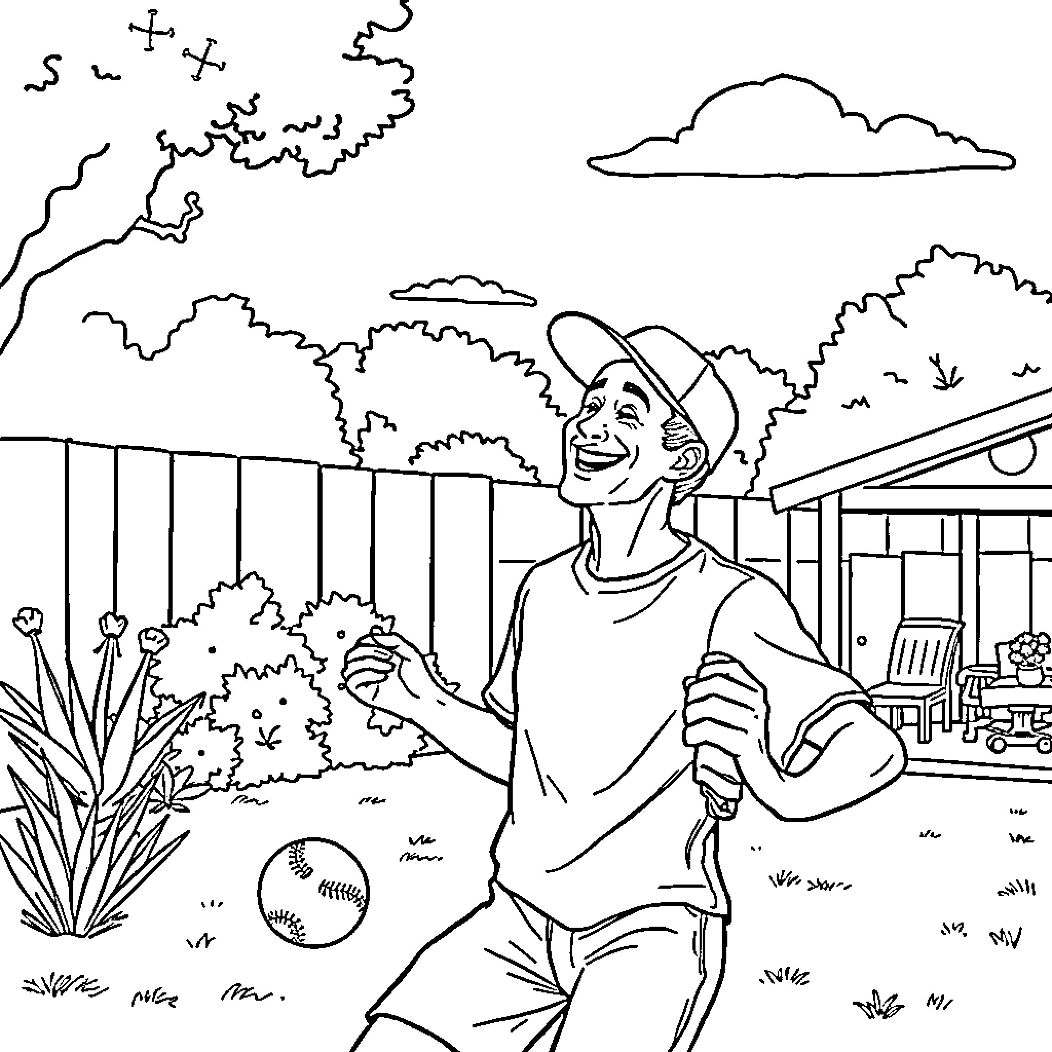 Adult playing baseball in scenic outdoor setting Coloring Page (free black-and-white line drawing printable PDF for all, from beginners to advanced learners, including children, teens, adults, and seniors)