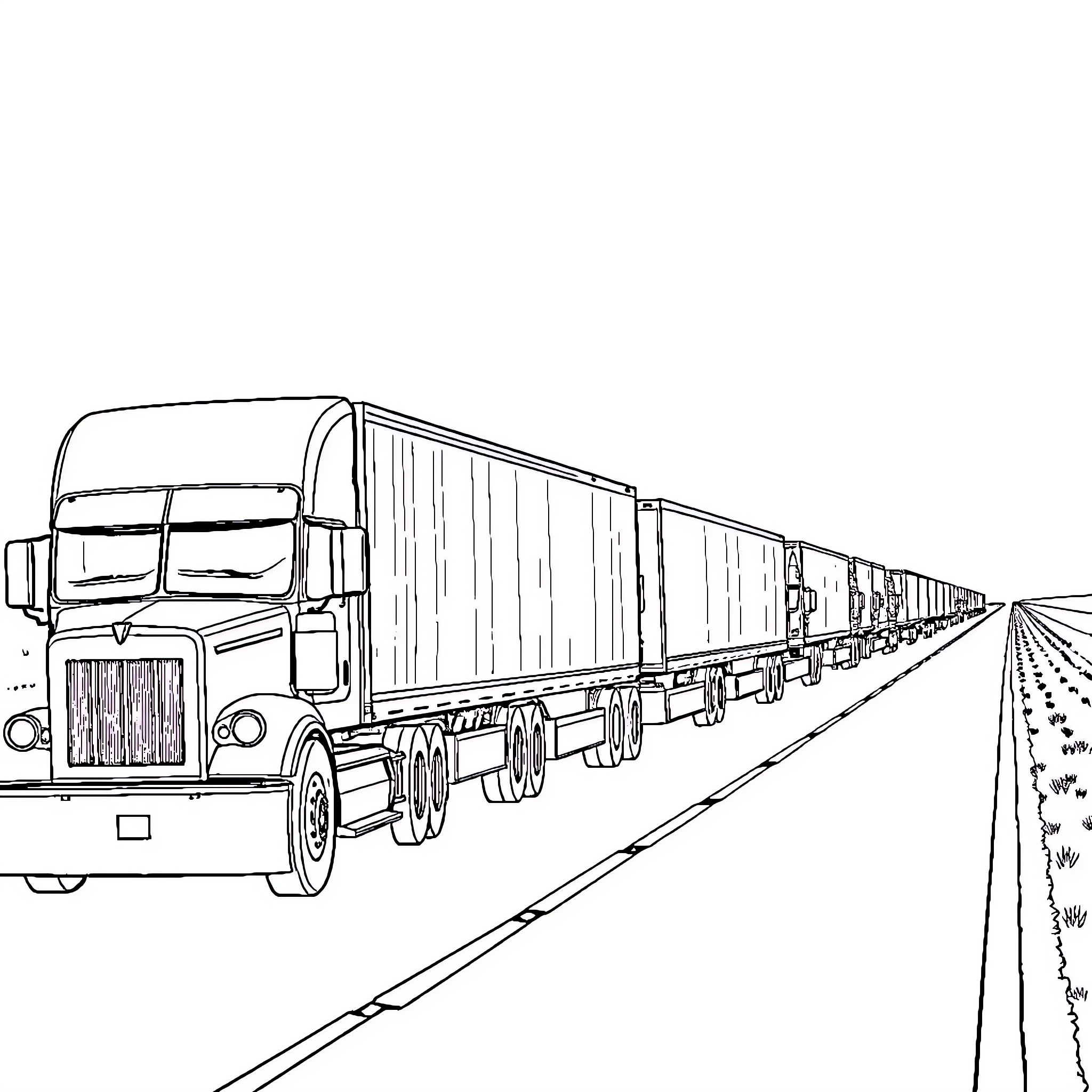 Semi Truck Transporting Cargo Along Rural Road Coloring Page (free black-and-white line drawing printable PDF for all, from beginners to advanced learners, including children, teens, adults, and seniors)