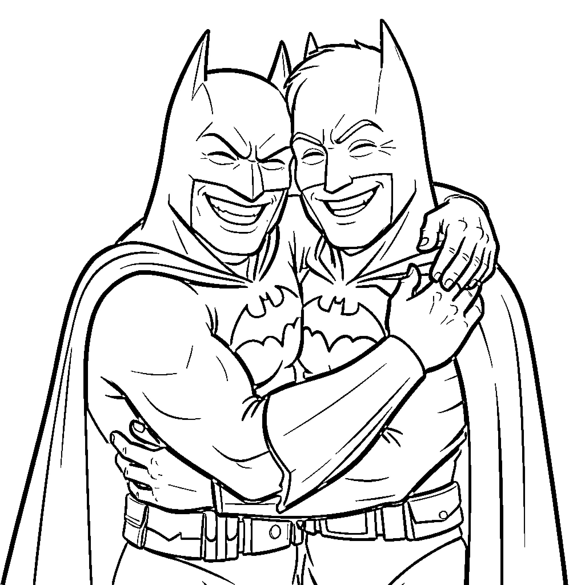 Homer's Batman and Robin in a Playful Embrace Coloring Page (free black-and-white line drawing printable PDF for all, from beginners to advanced learners, including children, teens, adults, and seniors)