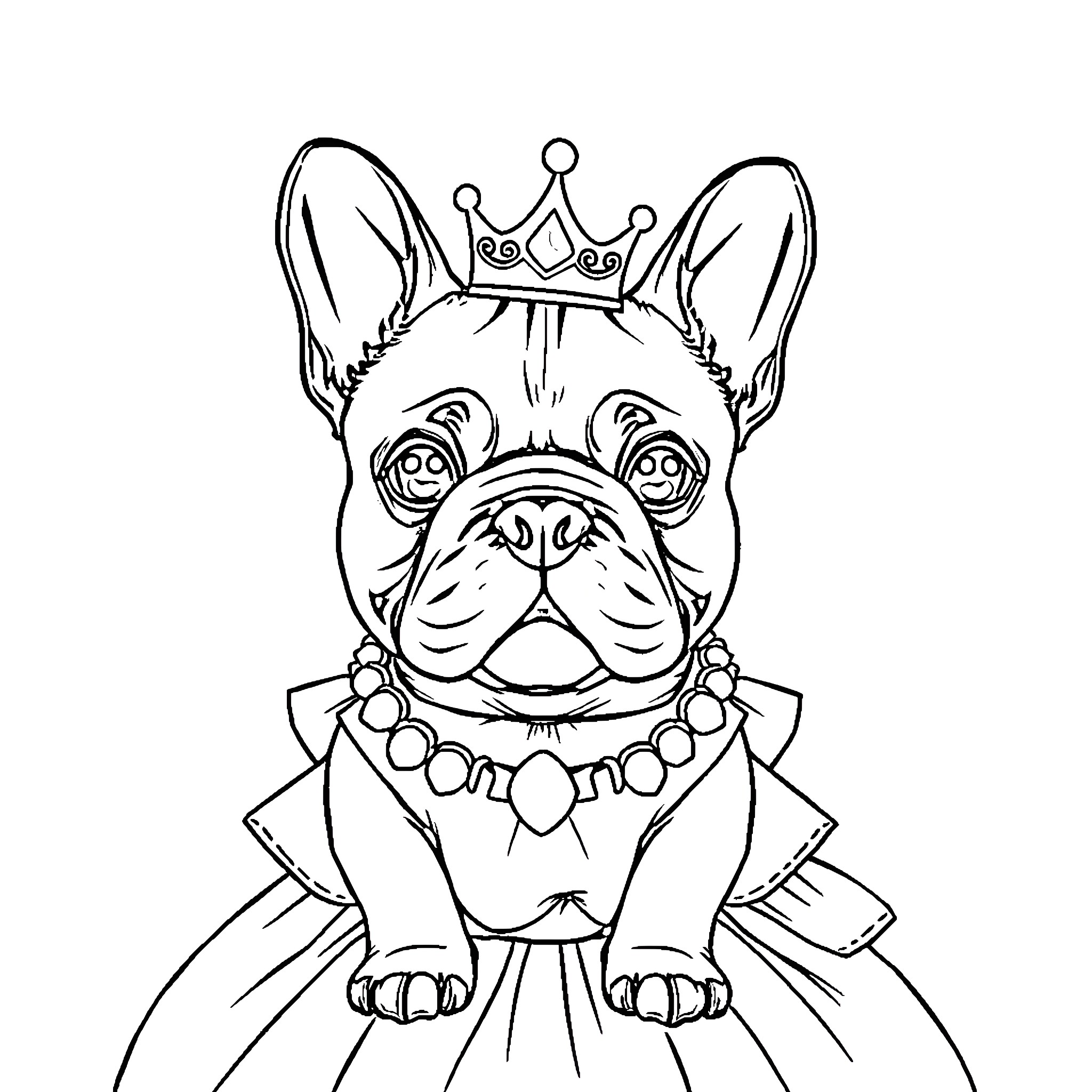 French Bulldog wearing a crown and jeweled collar Coloring Page (free black-and-white line drawing printable PDF for all, from beginners to advanced learners, including children, teens, adults, and seniors)