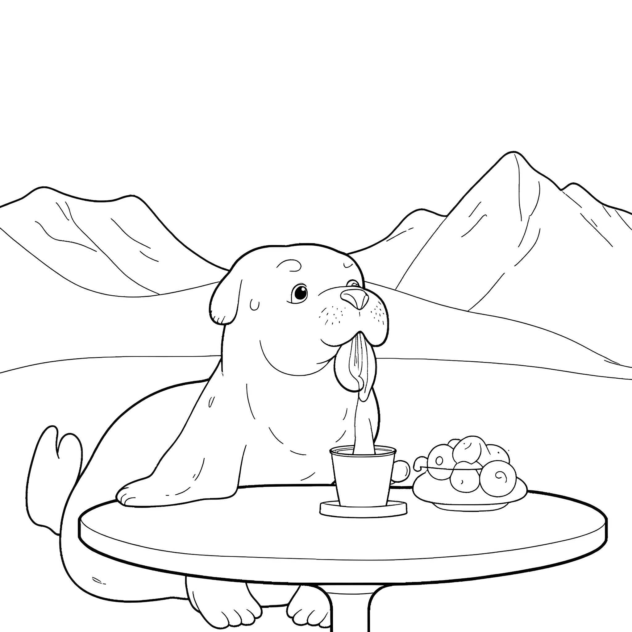 Manatee enjoying a beverage in the mountains Coloring Page (free black-and-white line drawing printable PDF for all, from beginners to advanced learners, including children, teens, adults, and seniors)