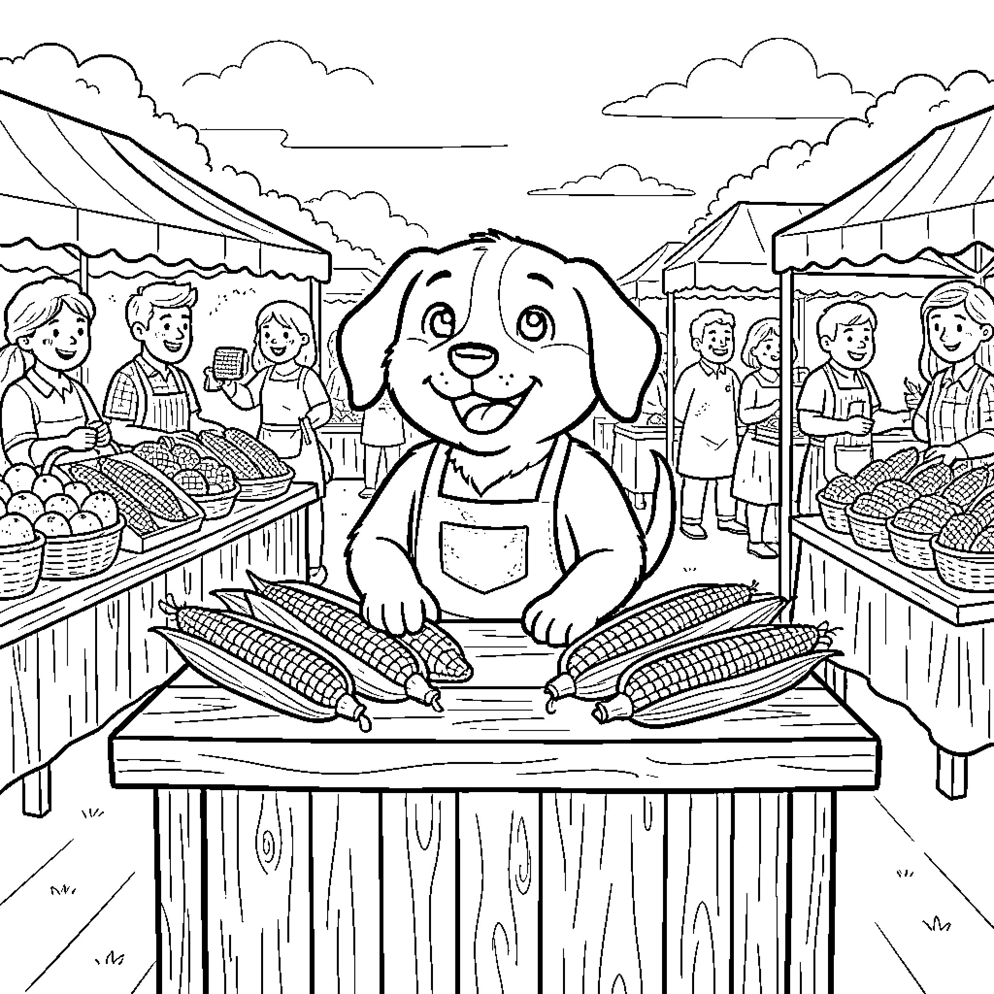 Dog at the Lively Farmer's Market Coloring Page (free black-and-white line drawing printable PDF for all, from beginners to advanced learners, including children, teens, adults, and seniors)