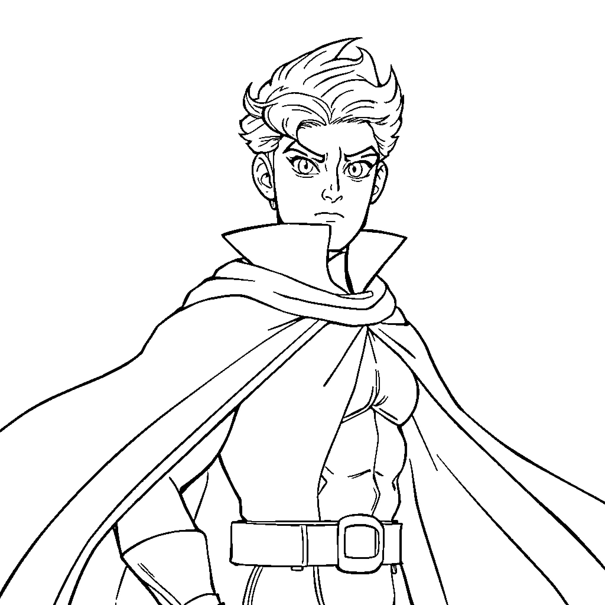 Héros in heroic pose with flowing cape Coloring Page (free black-and-white line drawing printable PDF for all, from beginners to advanced learners, including children, teens, adults, and seniors)