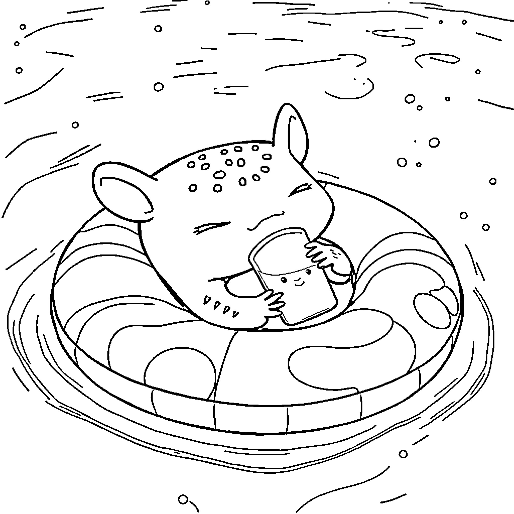 Axolotl swimming peacefully in aquarium Coloring Page (free black-and-white line drawing printable PDF for all, from beginners to advanced learners, including children, teens, adults, and seniors)