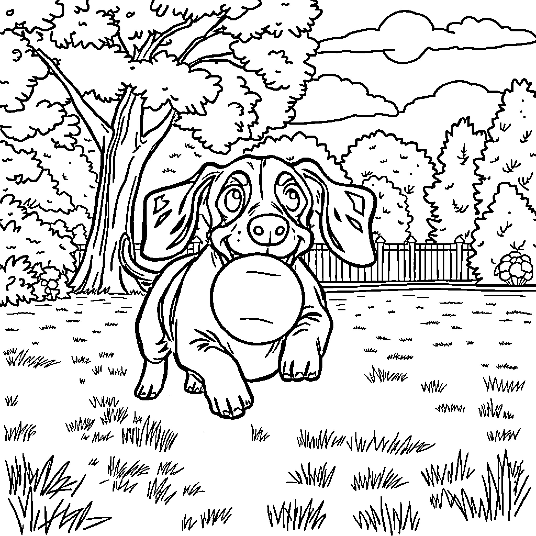 Dachshund in a Peaceful Outdoor Scene Coloring Page (free black-and-white line drawing printable PDF for all, from beginners to advanced learners, including children, teens, adults, and seniors)