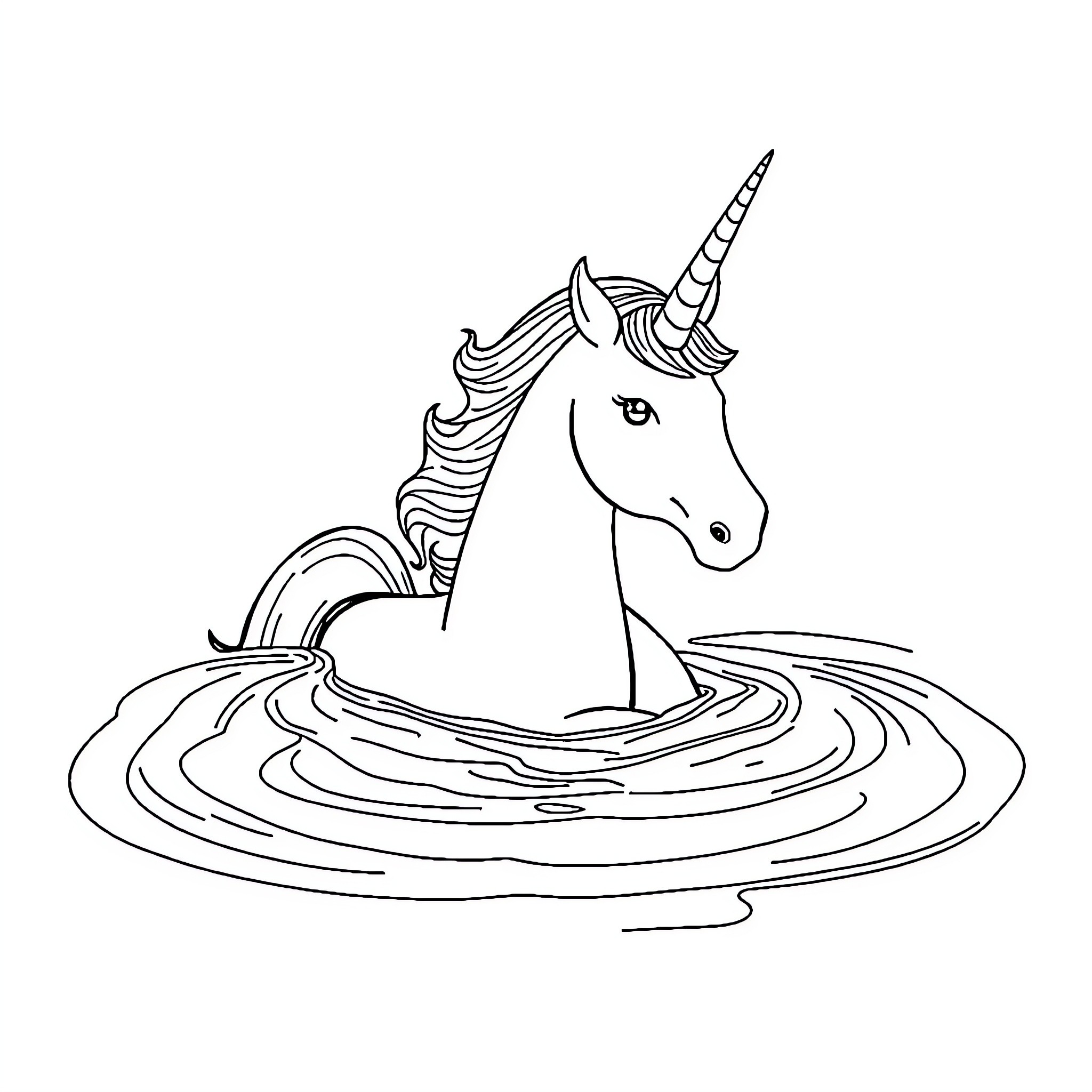 Unicorn Swimming Gracefully in Rippling Water Coloring Page (free black-and-white line drawing printable PDF for all, from beginners to advanced learners, including children, teens, adults, and seniors)