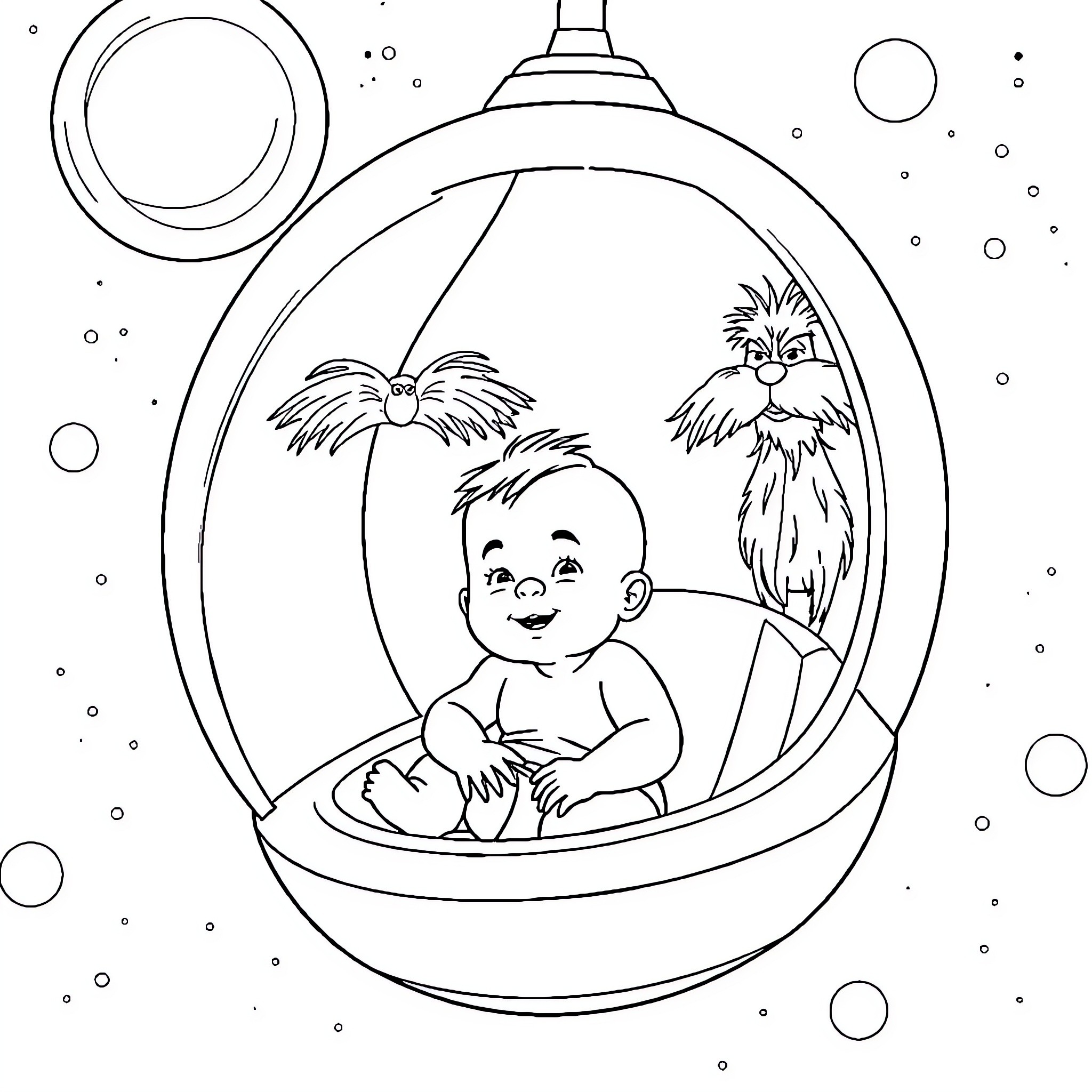 Baby in a space-themed bubble chair Coloring Page (free black-and-white line drawing printable PDF for all, from beginners to advanced learners, including children, teens, adults, and seniors)