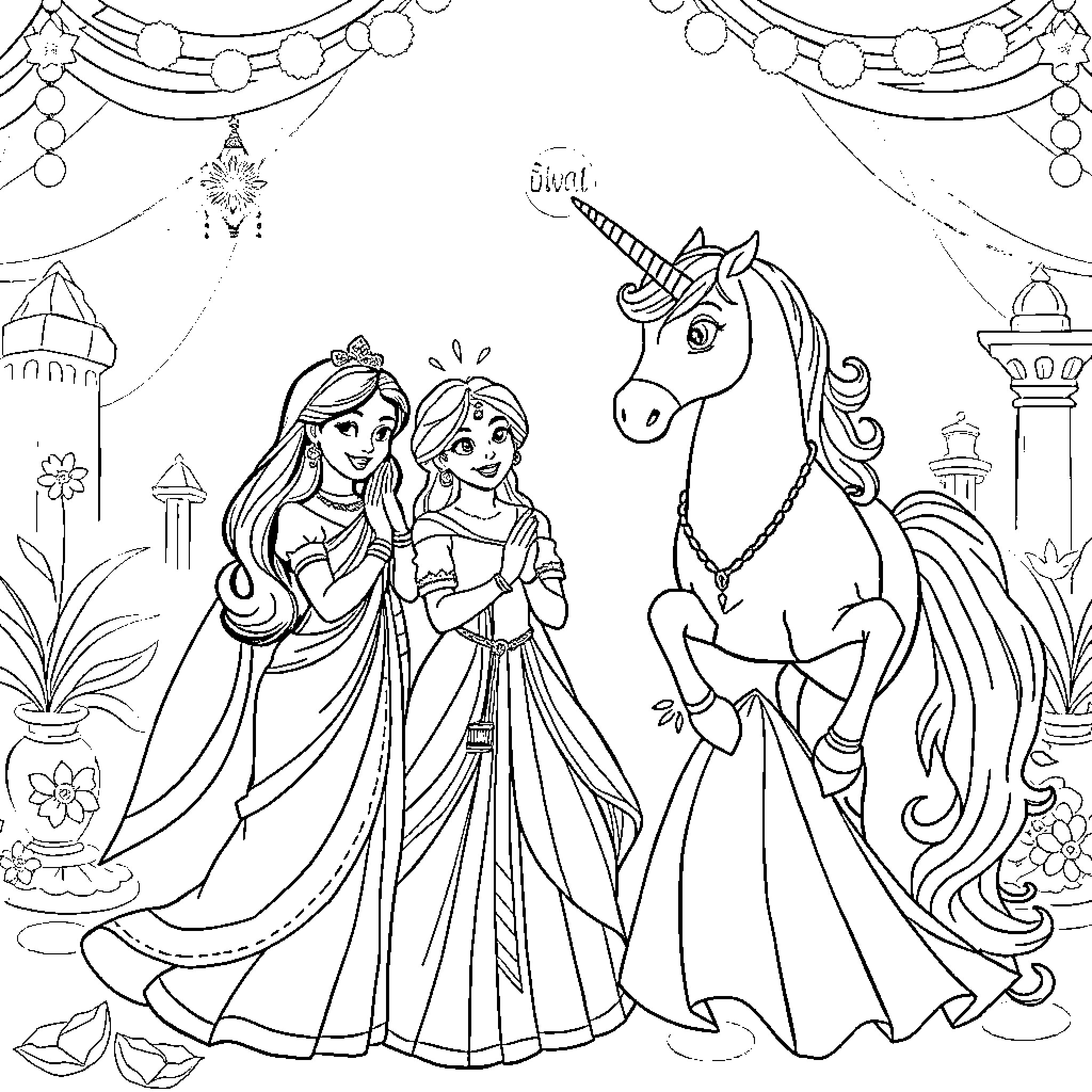 Princess Celebration with Magical Unicorn Coloring Page (free black-and-white line drawing printable PDF for all, from beginners to advanced learners, including children, teens, adults, and seniors)
