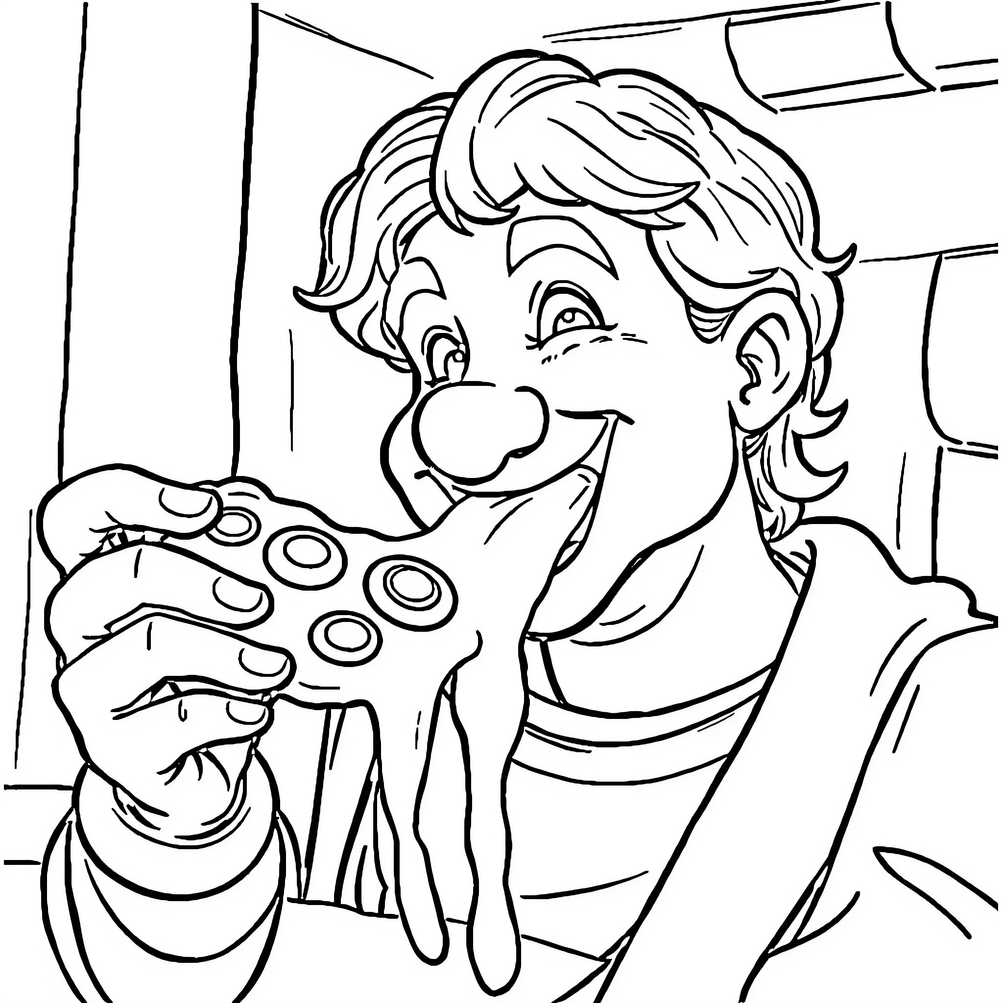 Michaelangelo's Playful Gamer Coloring Page (free black-and-white line drawing printable PDF for all, from beginners to advanced learners, including children, teens, adults, and seniors)