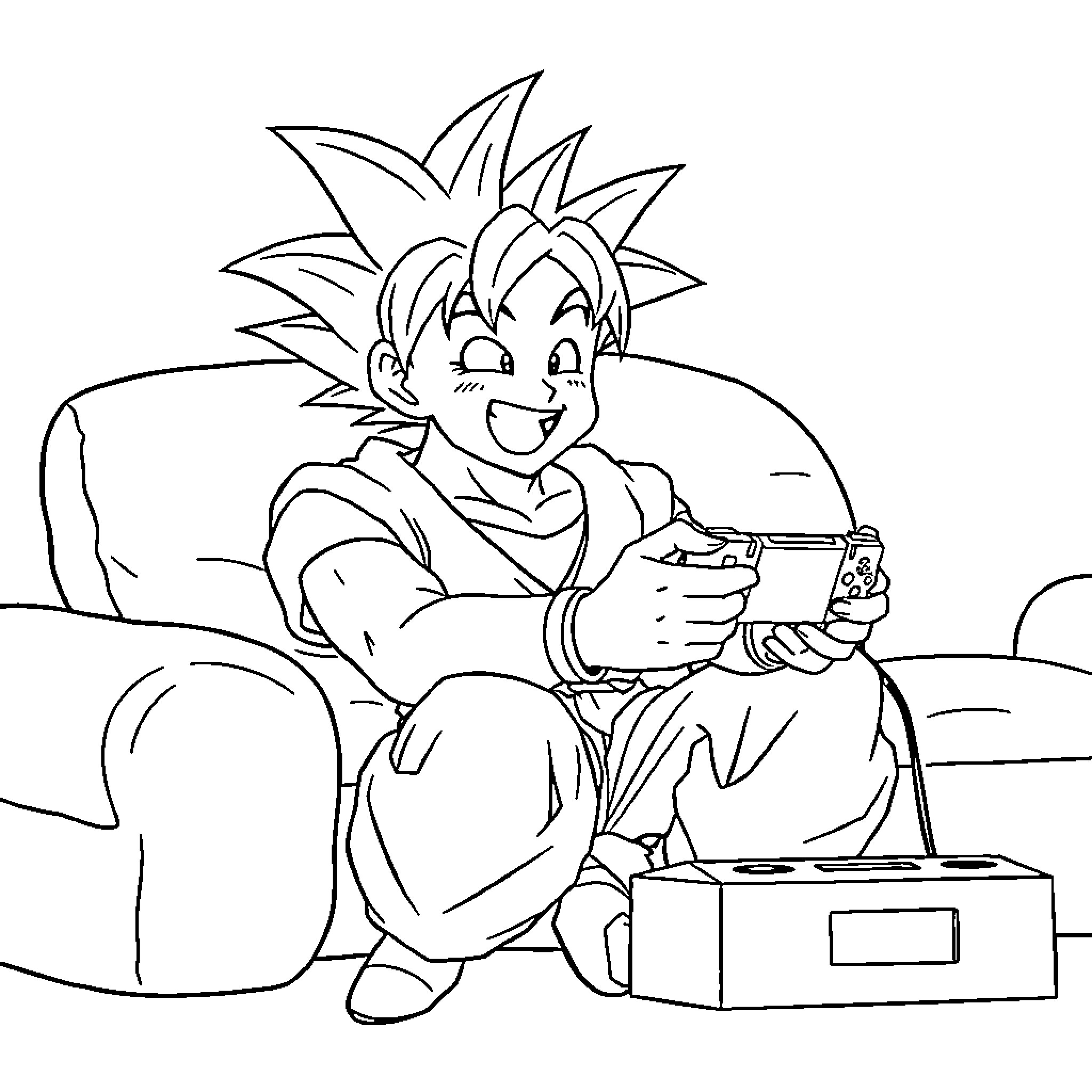 Son Goku playing video games with joy Coloring Page (free black-and-white line drawing printable PDF for all, from beginners to advanced learners, including children, teens, adults, and seniors)