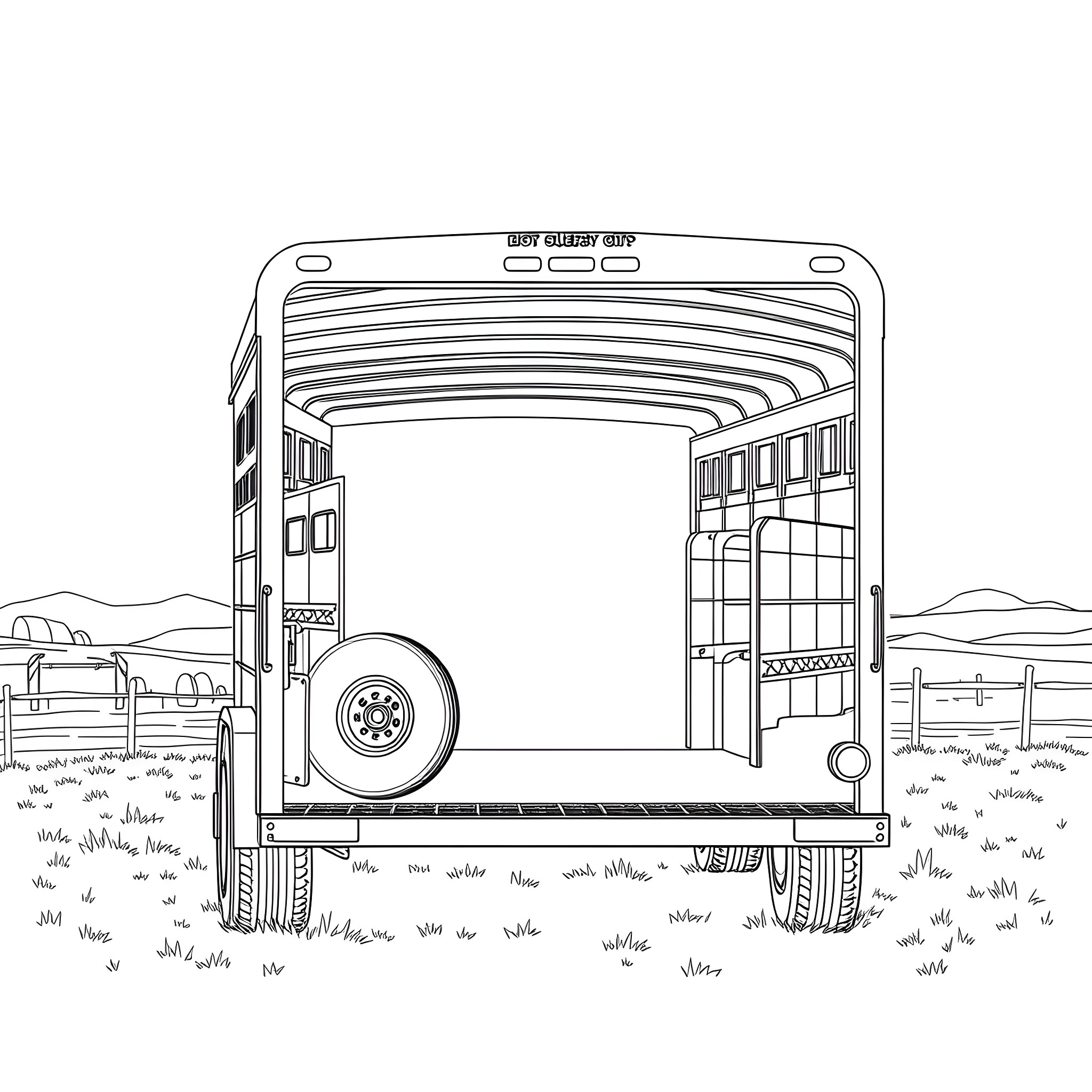 Gooseneck Trailer on a Country Road Coloring Page (free black-and-white line drawing printable PDF for all, from beginners to advanced learners, including children, teens, adults, and seniors)