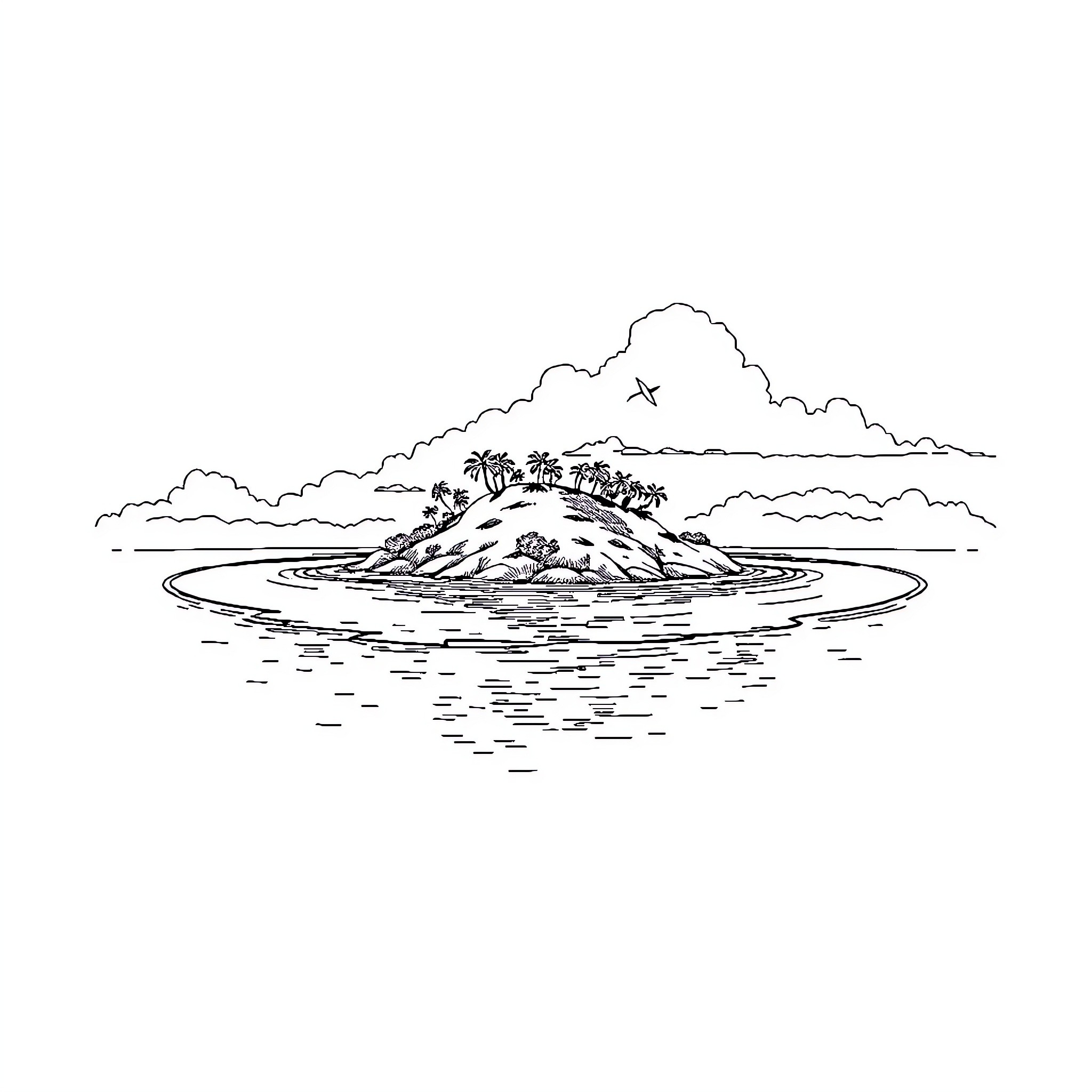 Island with lush vegetation in the sea Coloring Page (free black-and-white line drawing printable PDF for all, from beginners to advanced learners, including children, teens, adults, and seniors)