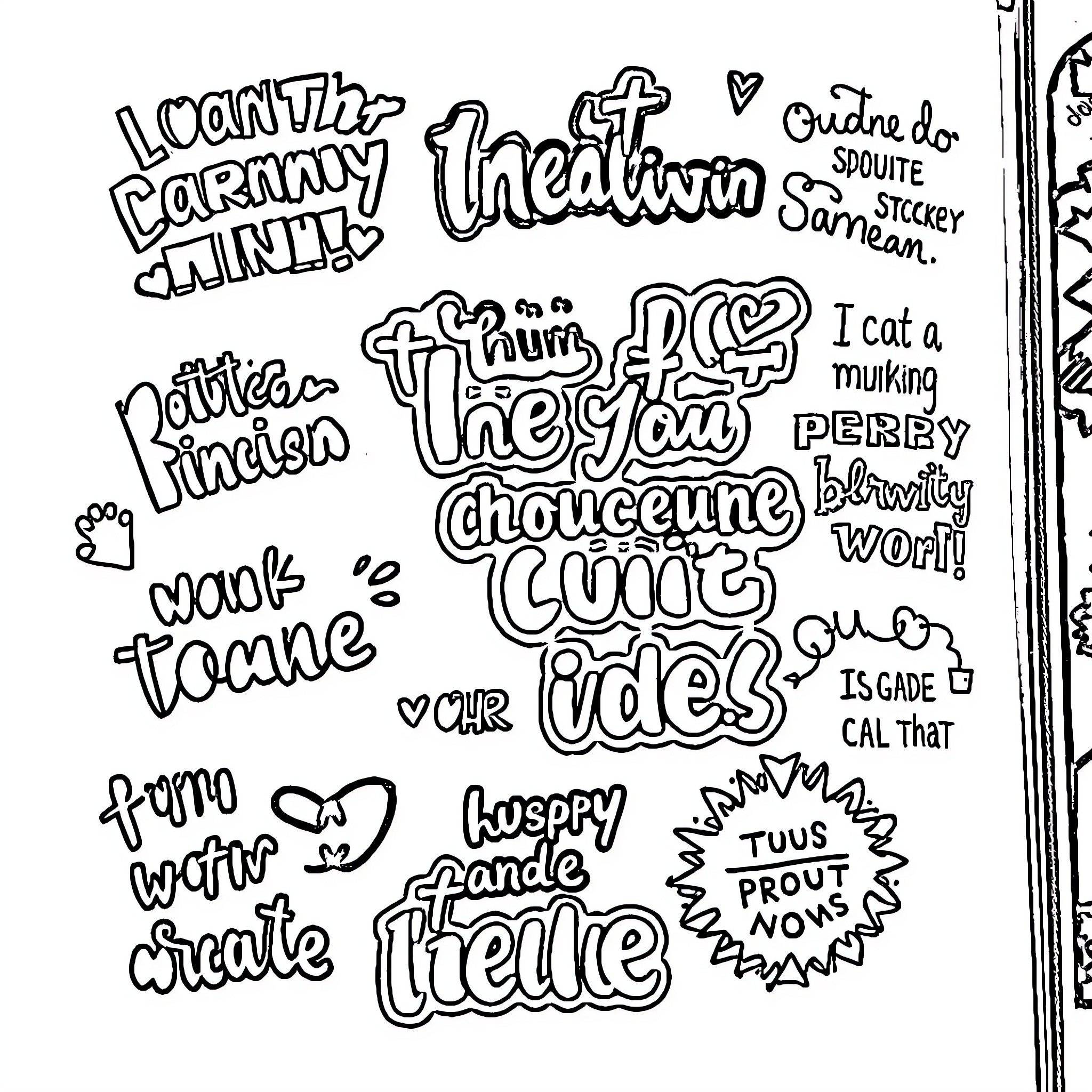 Sticker Lettering, Doodles, and Expressions Coloring Page (free black-and-white line drawing printable PDF for all, from beginners to advanced learners, including children, teens, adults, and seniors)