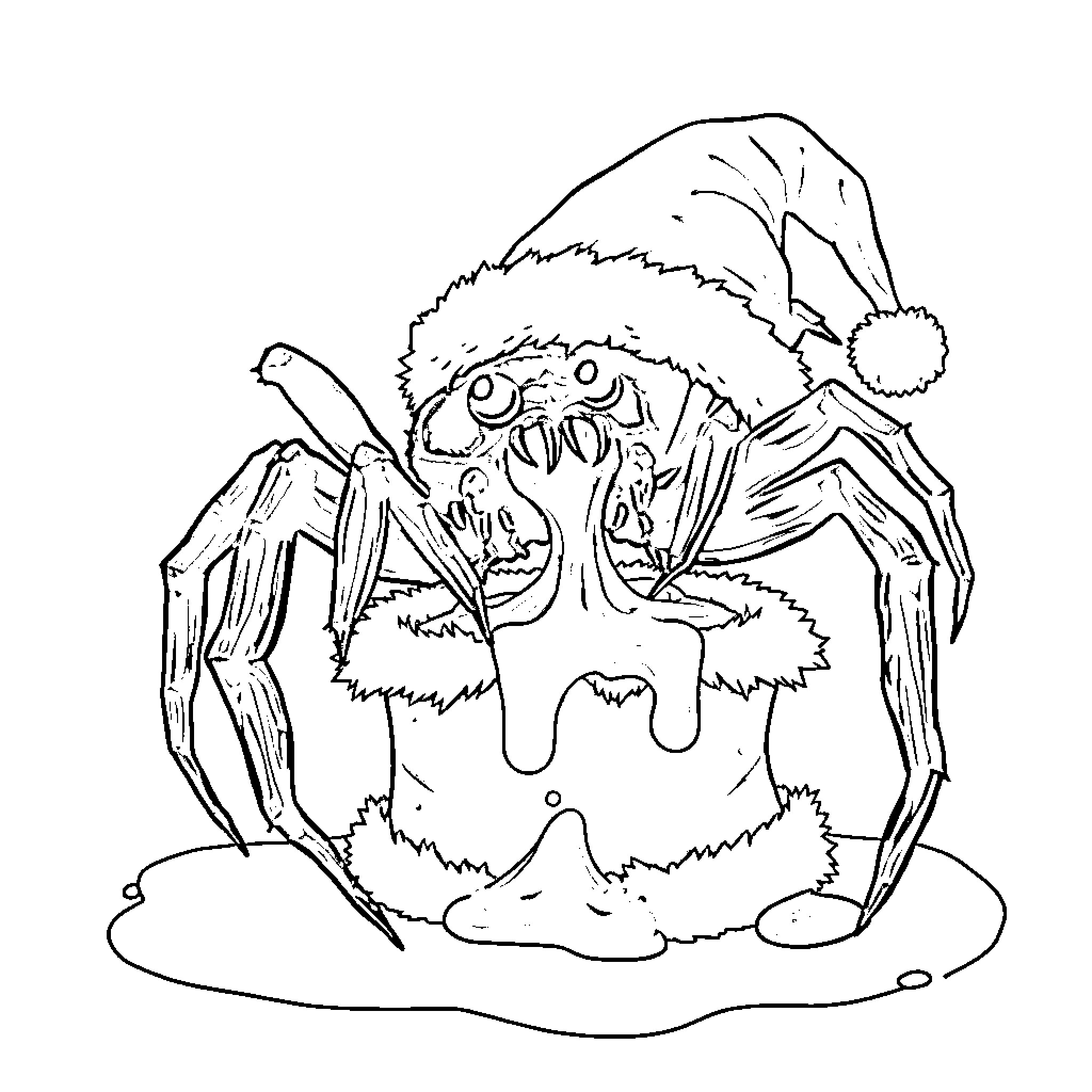 Spider wearing Santa hat in festive setting Coloring Page (free black-and-white line drawing printable PDF for all, from beginners to advanced learners, including children, teens, adults, and seniors)