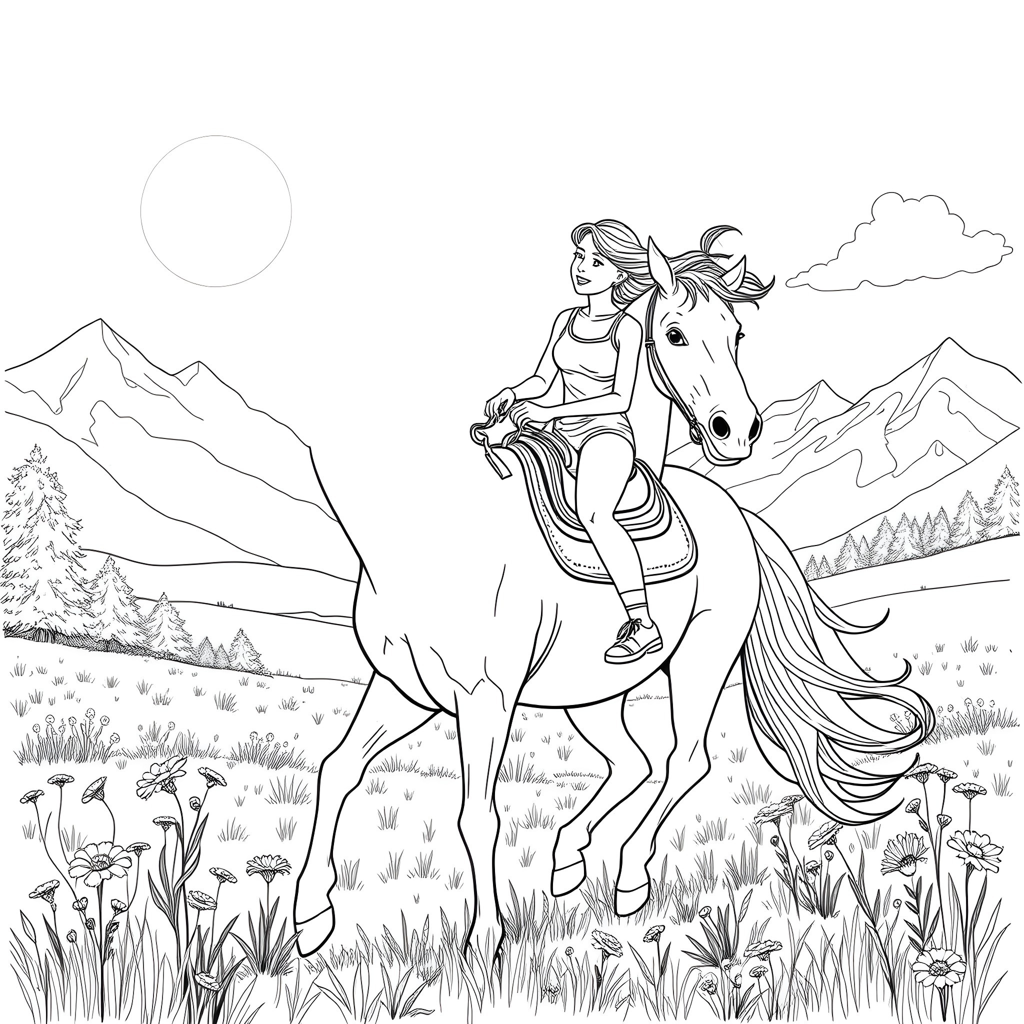 Girl riding a horse through a mountain landscape Coloring Page (free black-and-white line drawing printable PDF for all, from beginners to advanced learners, including children, teens, adults, and seniors)