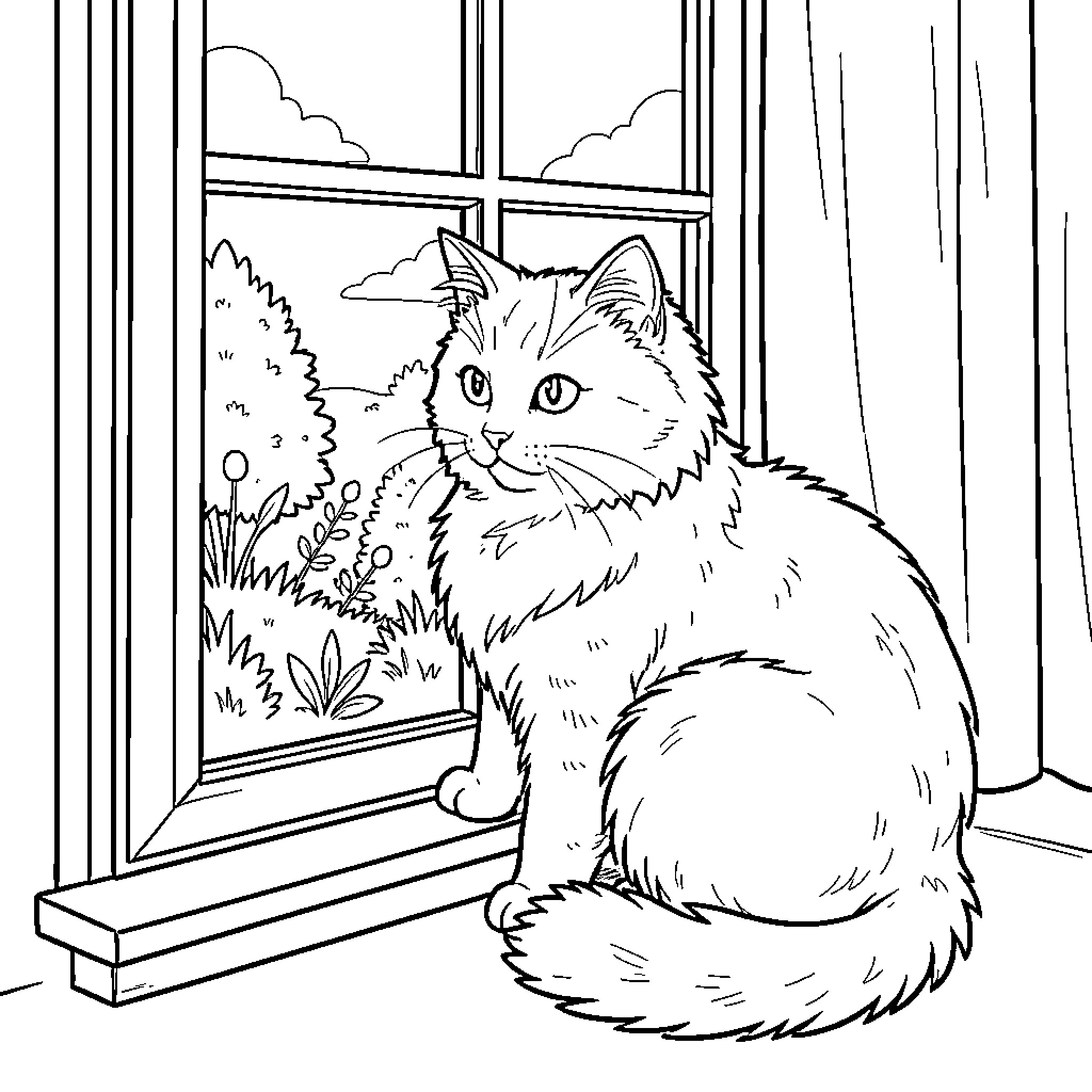 Cat gazing out the window at nature Coloring Page (free black-and-white line drawing printable PDF for all, from beginners to advanced learners, including children, teens, adults, and seniors)