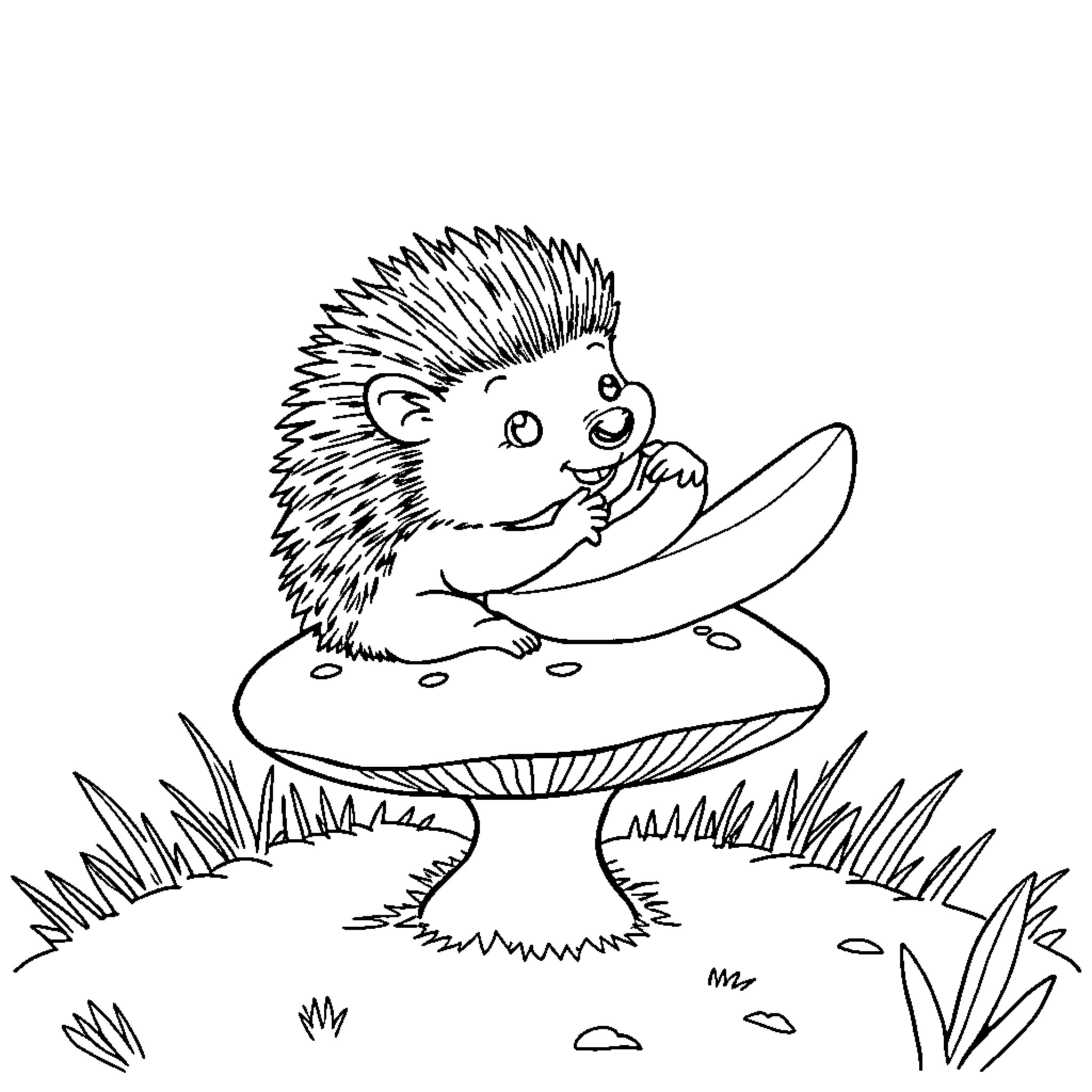 Hedgehog enjoying a snack on a mushroom Coloring Page (free black-and-white line drawing printable PDF for all, from beginners to advanced learners, including children, teens, adults, and seniors)