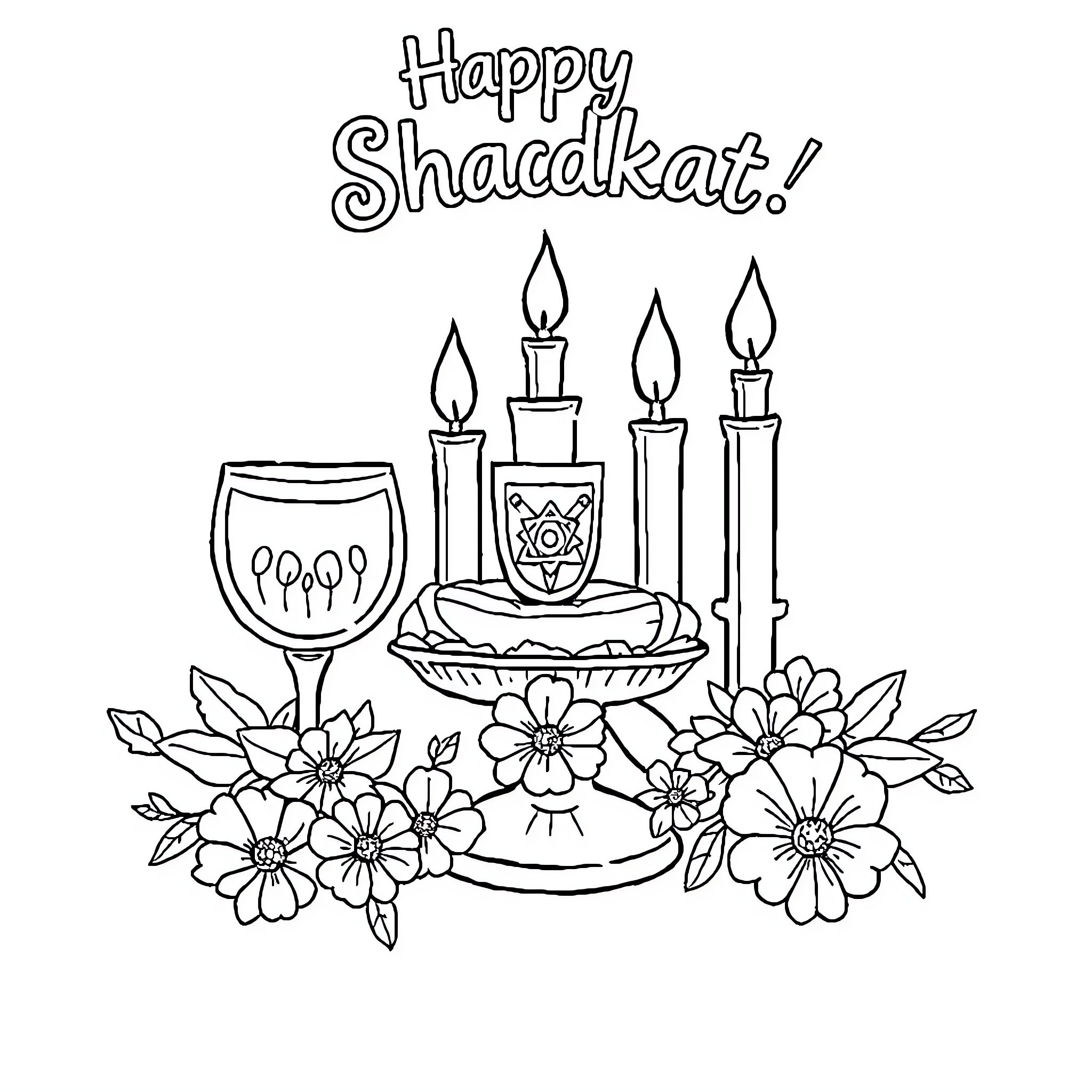 Shabbat celebration with candles, challah, and flowers Coloring Page (free black-and-white line drawing printable PDF for all, from beginners to advanced learners, including children, teens, adults, and seniors)