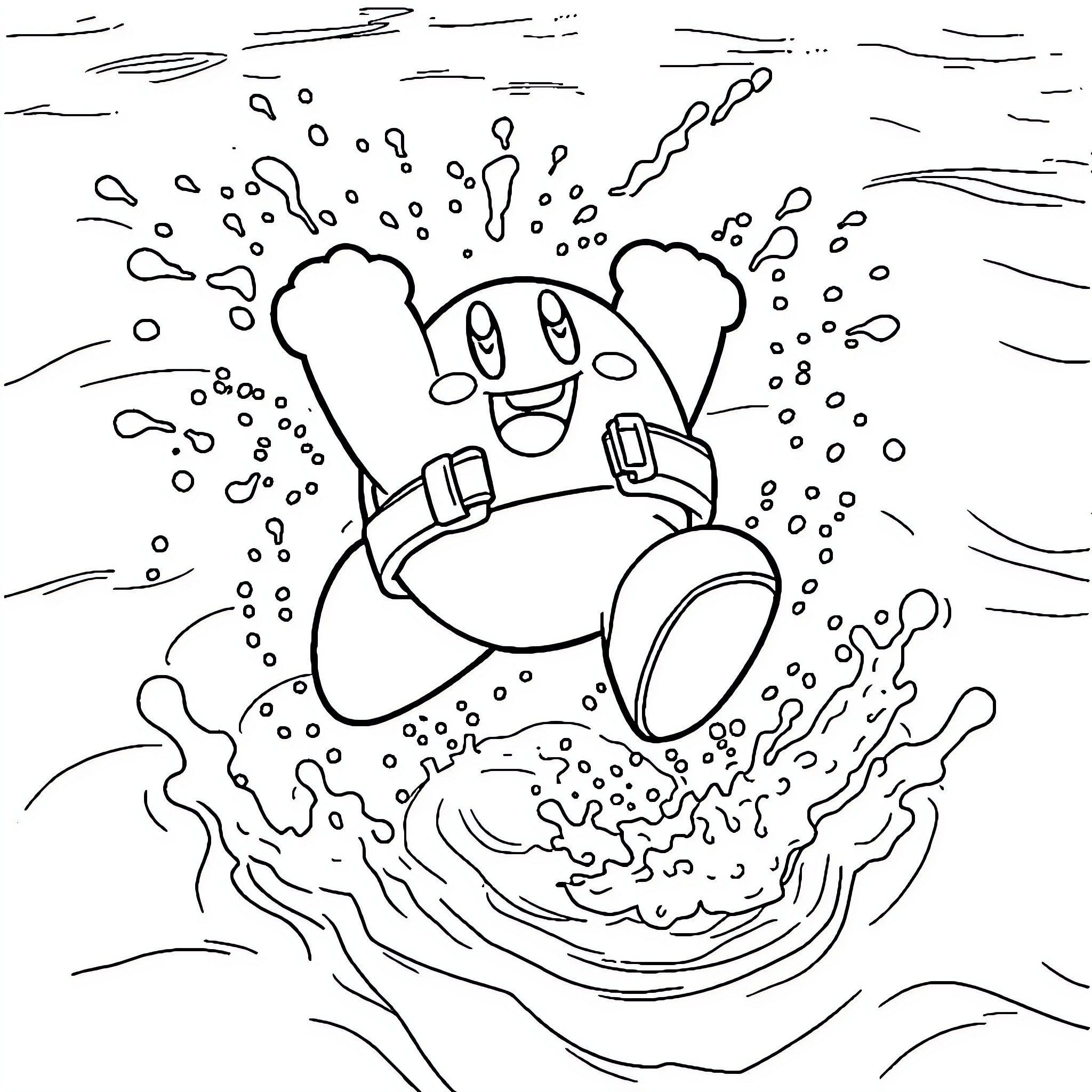 Kirby happily surfing through the waves Coloring Page (free black-and-white line drawing printable PDF for all, from beginners to advanced learners, including children, teens, adults, and seniors)
