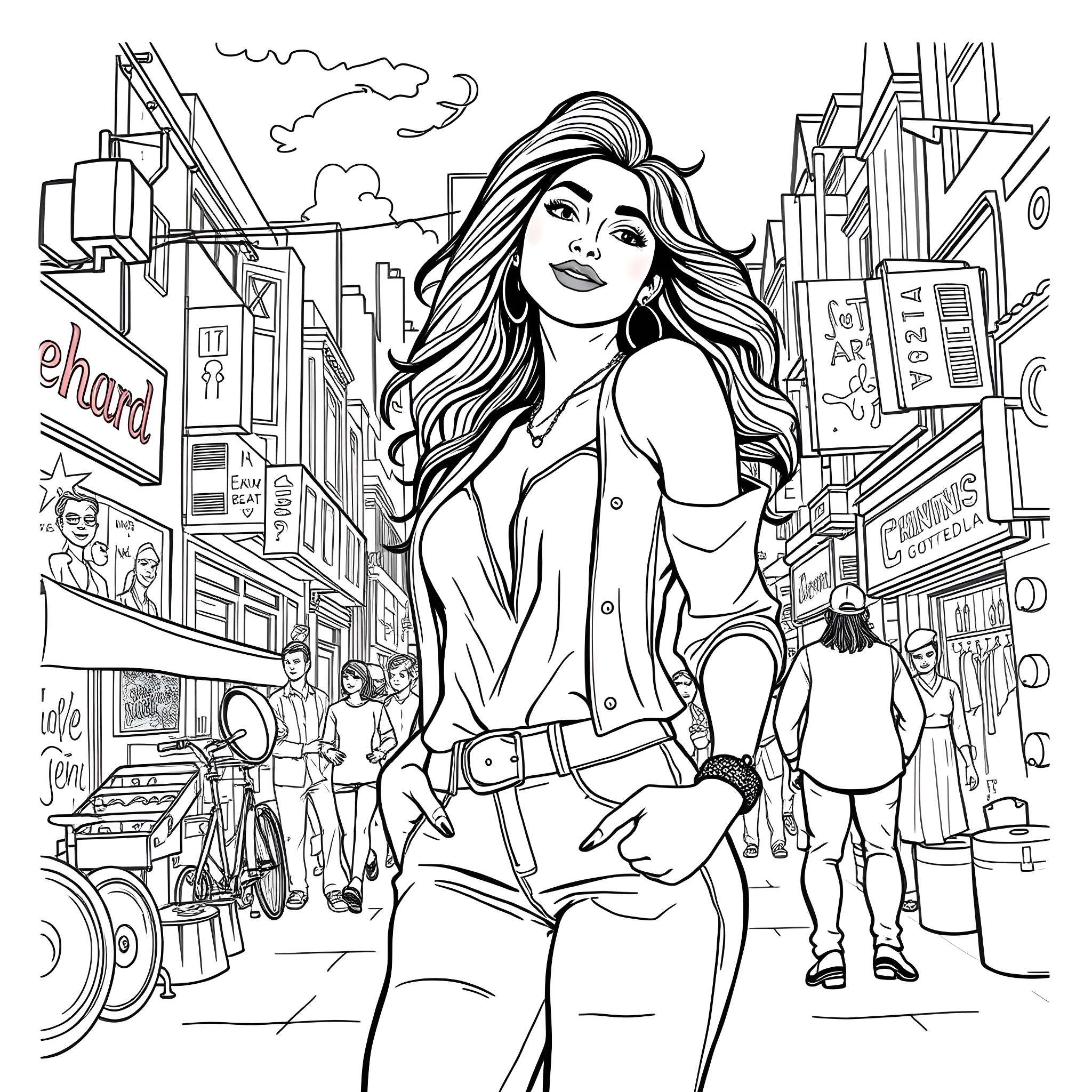 Latina Woman Exploring the City Streets Coloring Page (free black-and-white line drawing printable PDF for all, from beginners to advanced learners, including children, teens, adults, and seniors)