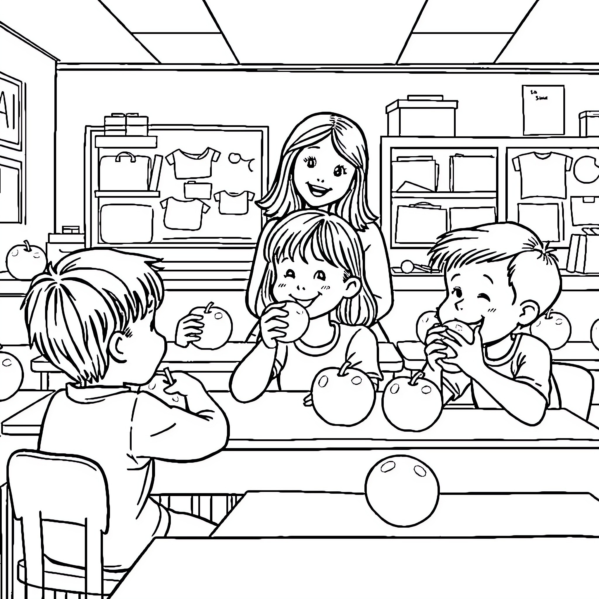 Apple Storefront with Children Eating Apples Coloring Page (free black-and-white line drawing printable PDF for all, from beginners to advanced learners, including children, teens, adults, and seniors)