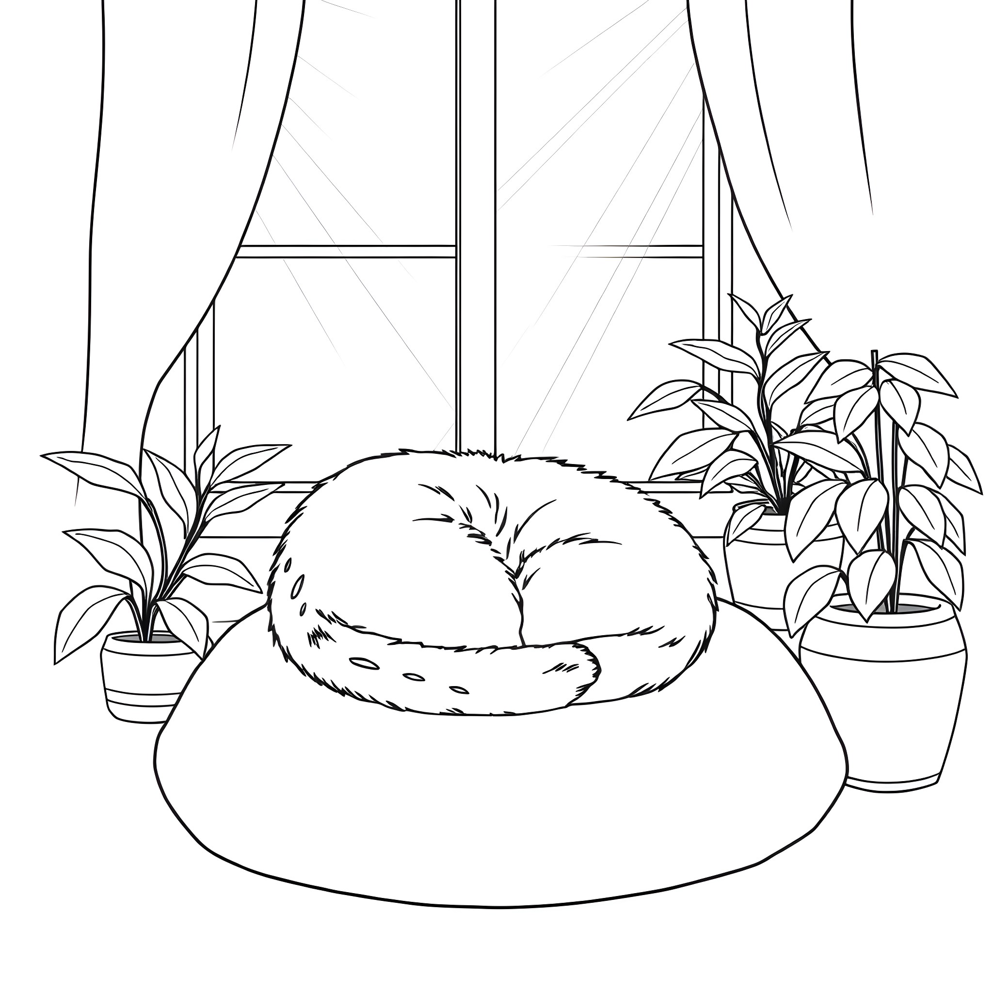 Cat curled up napping in cozy indoor scene Coloring Page (free black-and-white line drawing printable PDF for all, from beginners to advanced learners, including children, teens, adults, and seniors)