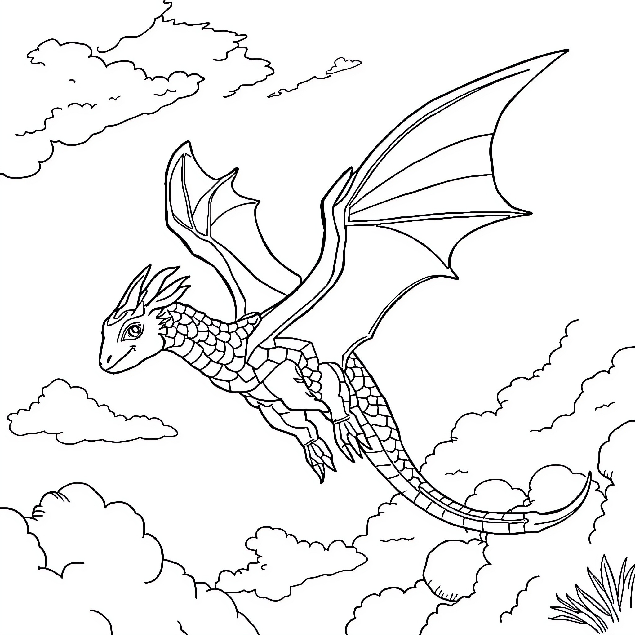 Fantasy Creature Soaring Through Cloudy Skies Coloring Page (free black-and-white line drawing printable PDF for all, from beginners to advanced learners, including children, teens, adults, and seniors)