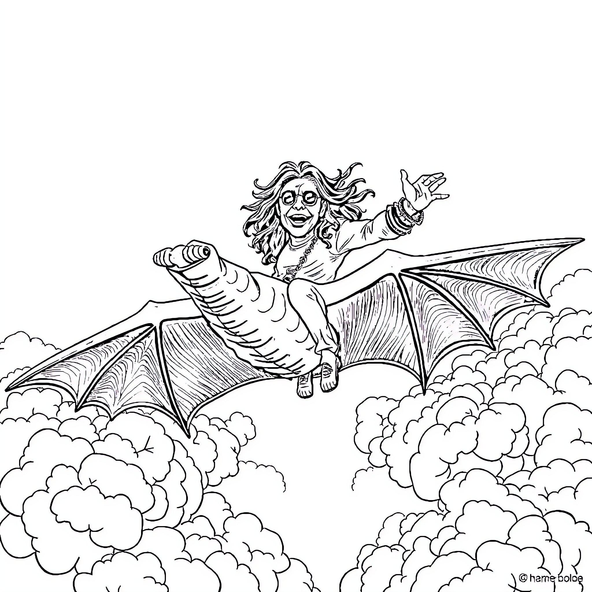 Ozzy Osbourne soaring through the skies on a dragon Coloring Page (free black-and-white line drawing printable PDF for all, from beginners to advanced learners, including children, teens, adults, and seniors)