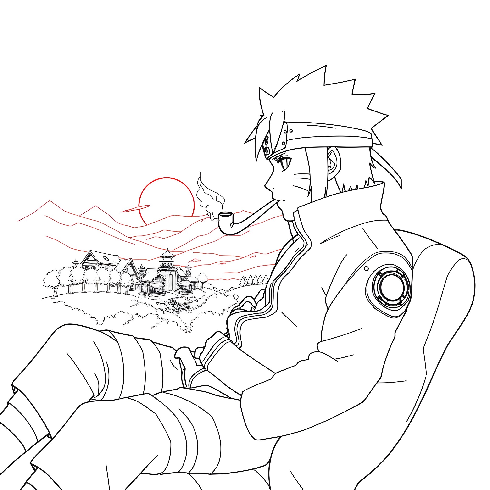Naruto taking a break in the countryside Coloring Page (free black-and-white line drawing printable PDF for all, from beginners to advanced learners, including children, teens, adults, and seniors)
