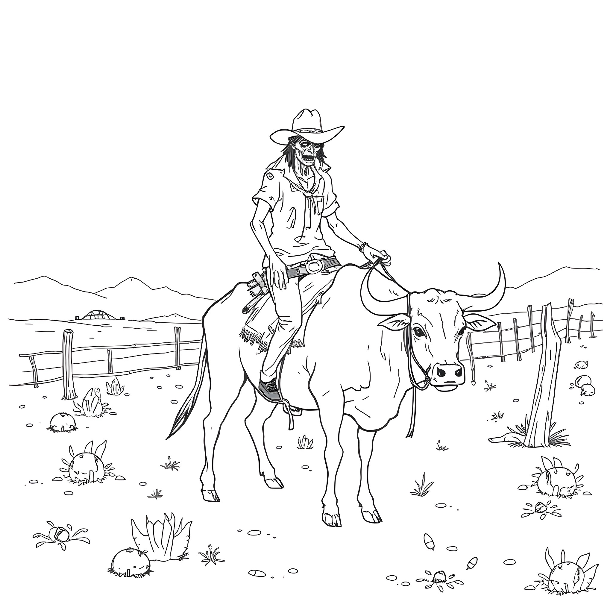 Zombie Cowboy riding a bull in the wild West Coloring Page (free black-and-white line drawing printable PDF for all, from beginners to advanced learners, including children, teens, adults, and seniors)