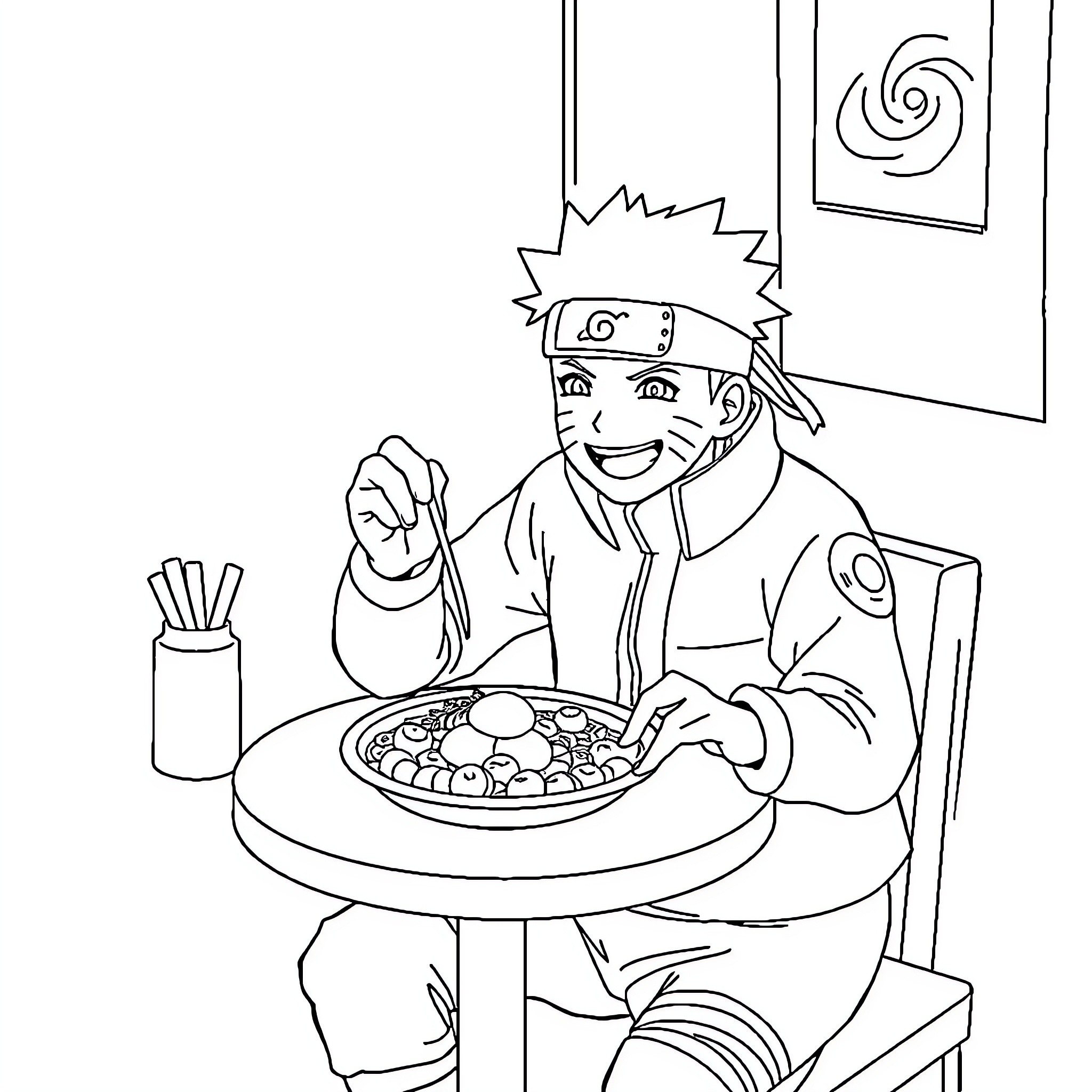 Naruto Enjoying Hearty Meal at Home Coloring Page (free black-and-white line drawing printable PDF for all, from beginners to advanced learners, including children, teens, adults, and seniors)