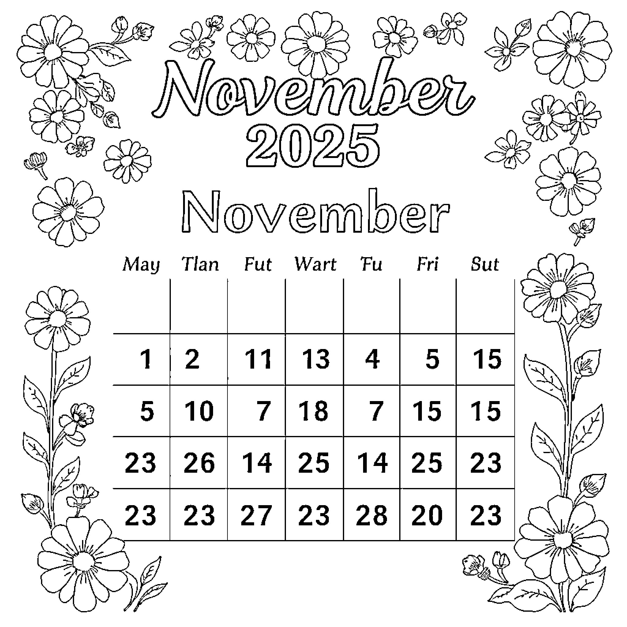 Flower Calendar for November 2025 Coloring Page (free black-and-white line drawing printable PDF for all, from beginners to advanced learners, including children, teens, adults, and seniors)