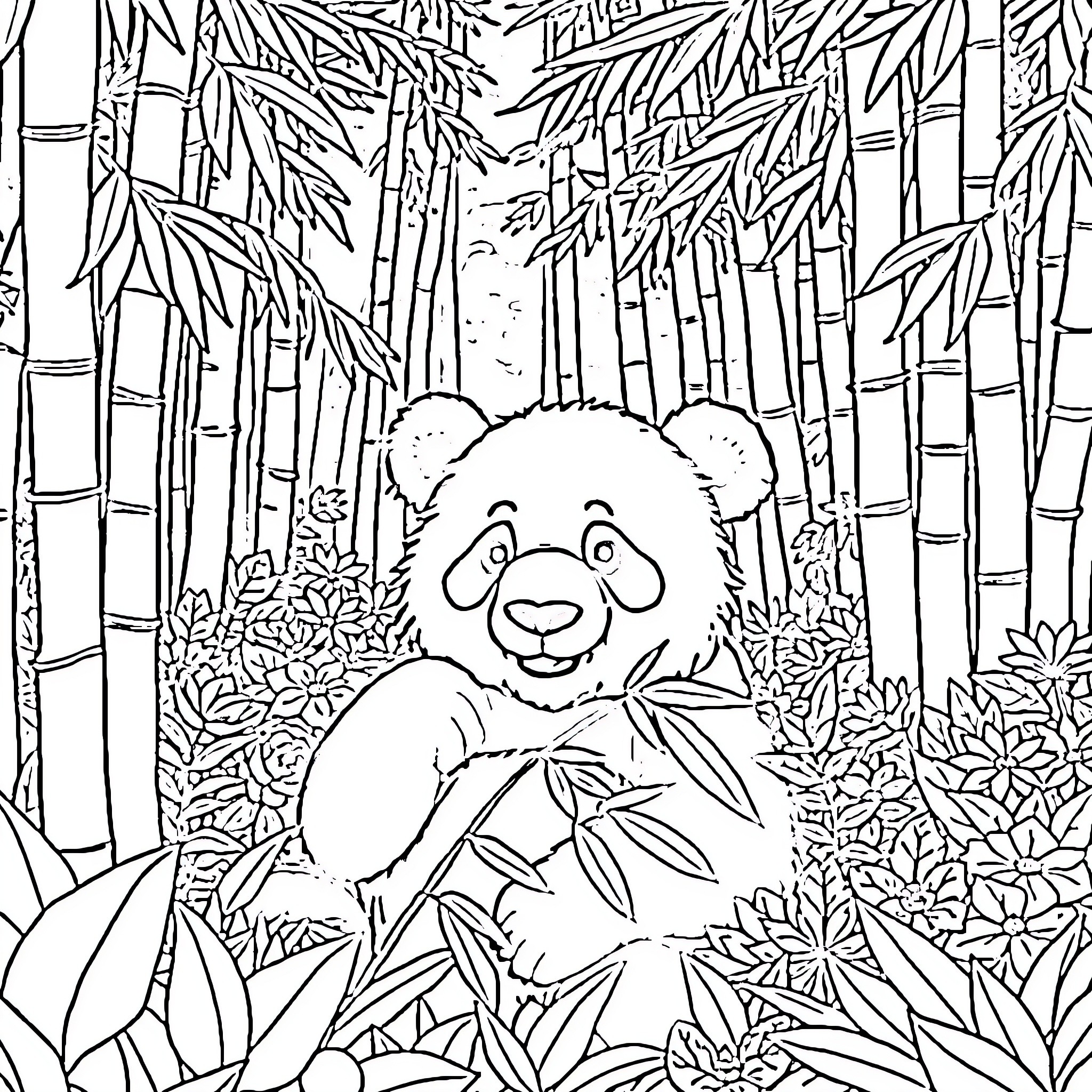 Panda relaxing in the bamboo forest Coloring Page (free black-and-white line drawing printable PDF for all, from beginners to advanced learners, including children, teens, adults, and seniors)