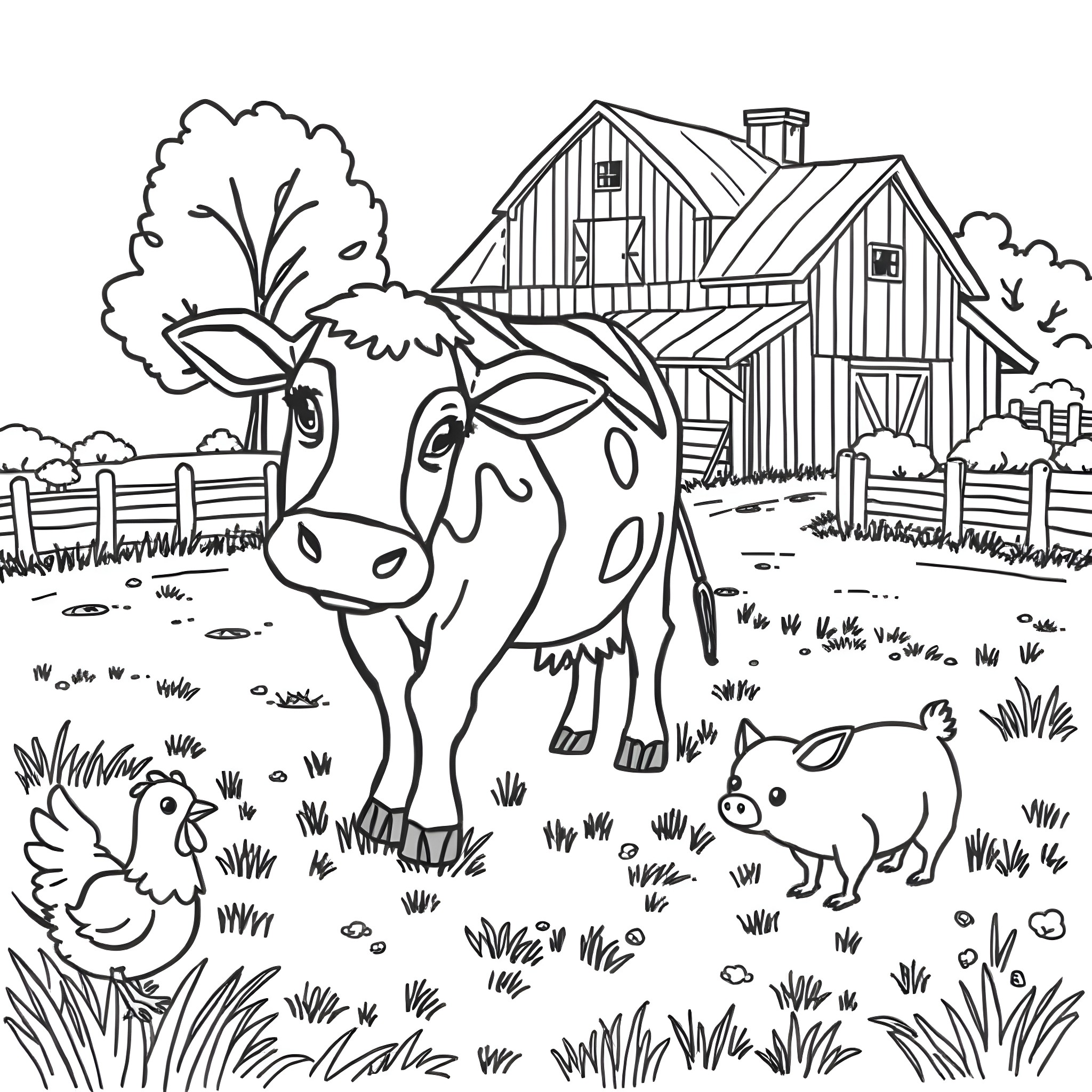 Farm Animal Playing on a Sunny Rural Farm Coloring Page (free black-and-white line drawing printable PDF for all, from beginners to advanced learners, including children, teens, adults, and seniors)
