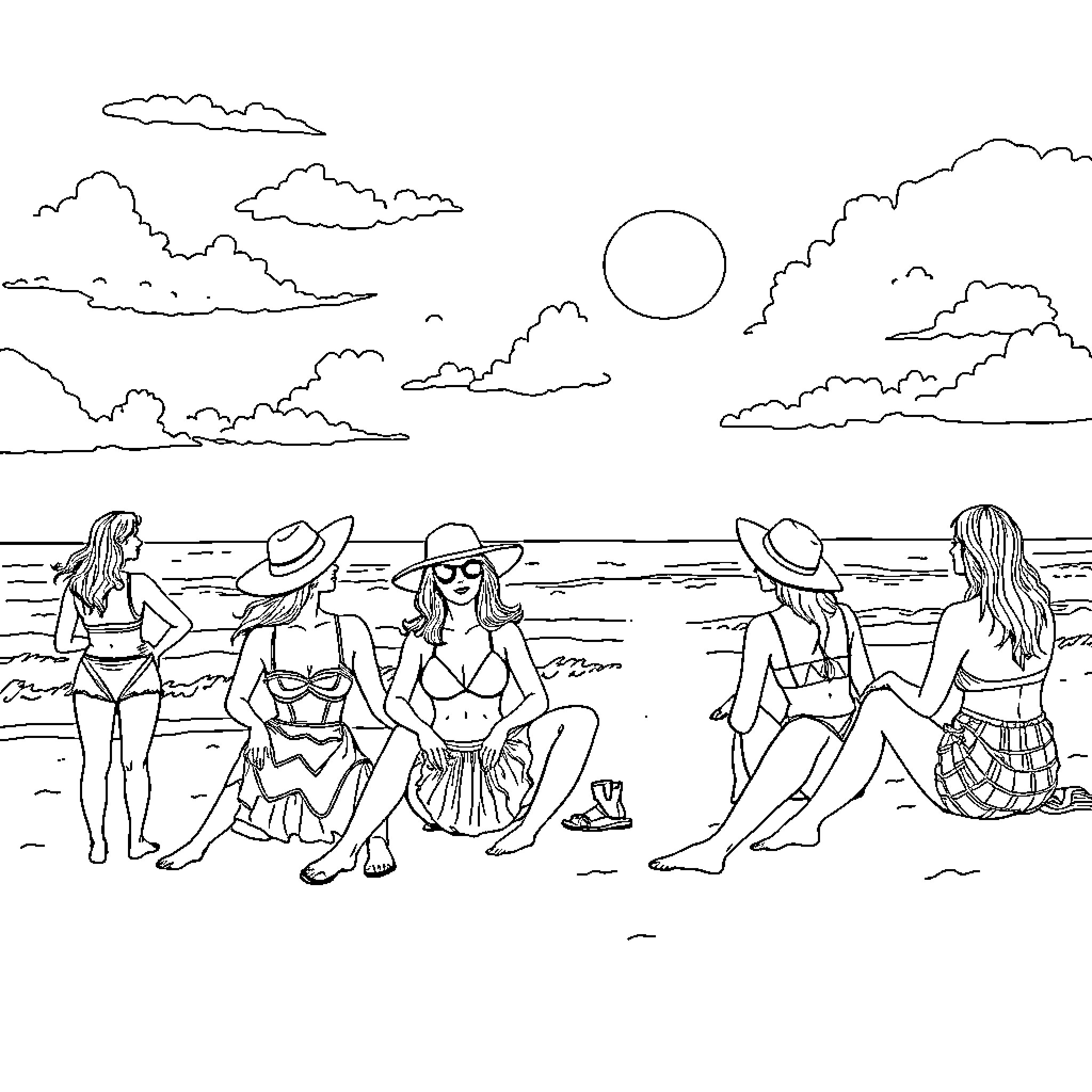 Women enjoying a day at the beach Coloring Page (free black-and-white line drawing printable PDF for all, from beginners to advanced learners, including children, teens, adults, and seniors)
