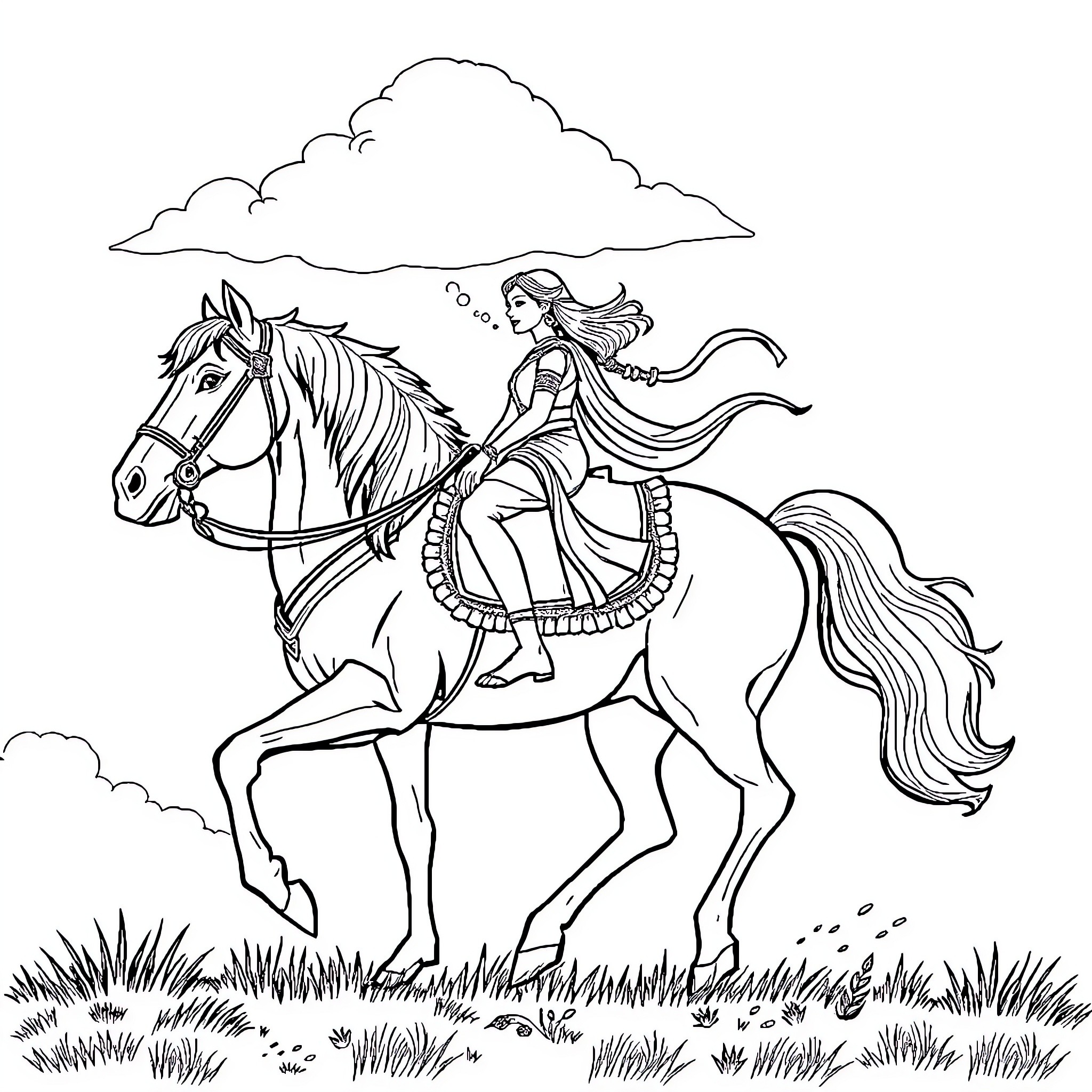 Horse and Rider Enjoying the Outdoors Coloring Page (free black-and-white line drawing printable PDF for all, from beginners to advanced learners, including children, teens, adults, and seniors)