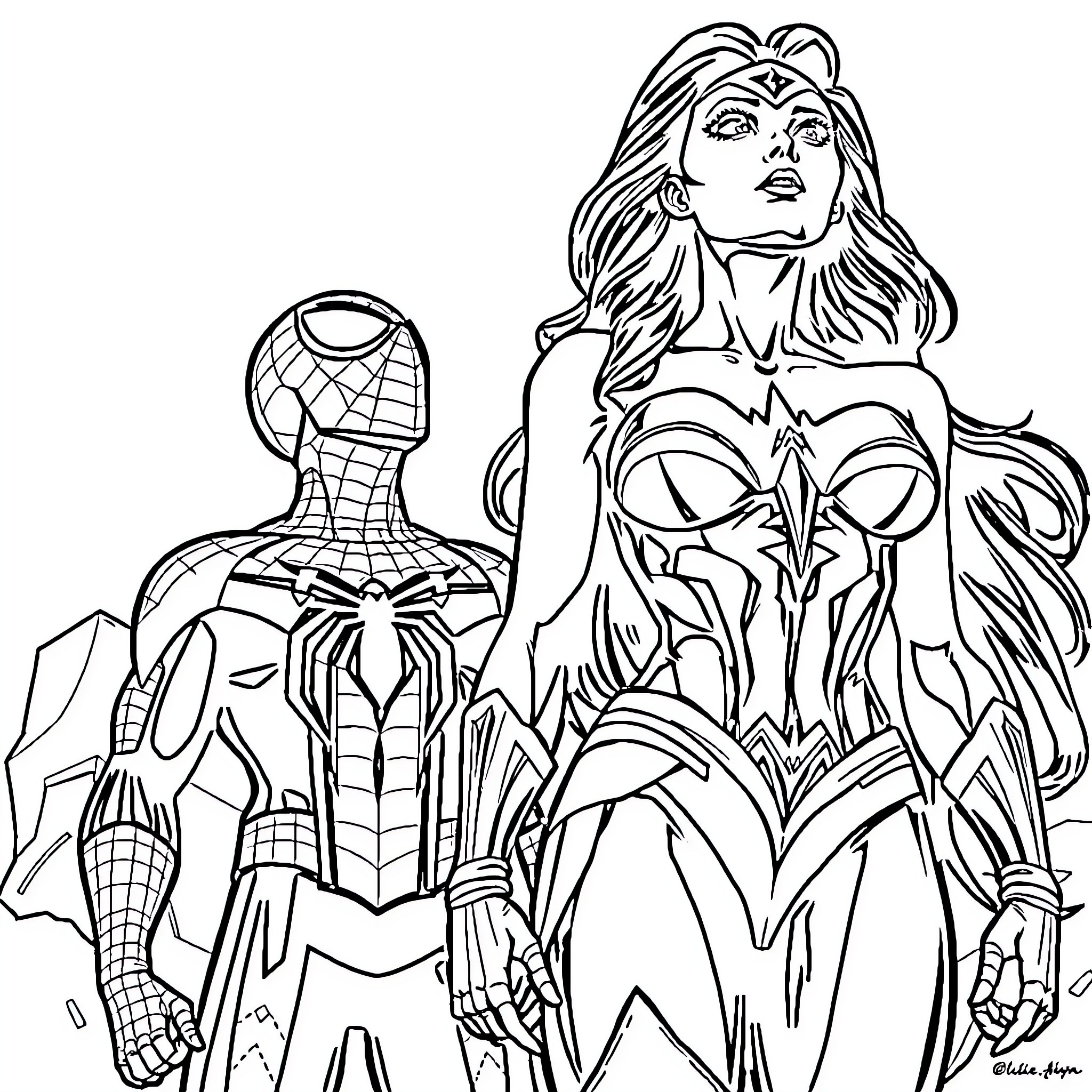 Spider-Man and Wonder Woman in heroic poses Coloring Page (free black-and-white line drawing printable PDF for all, from beginners to advanced learners, including children, teens, adults, and seniors)