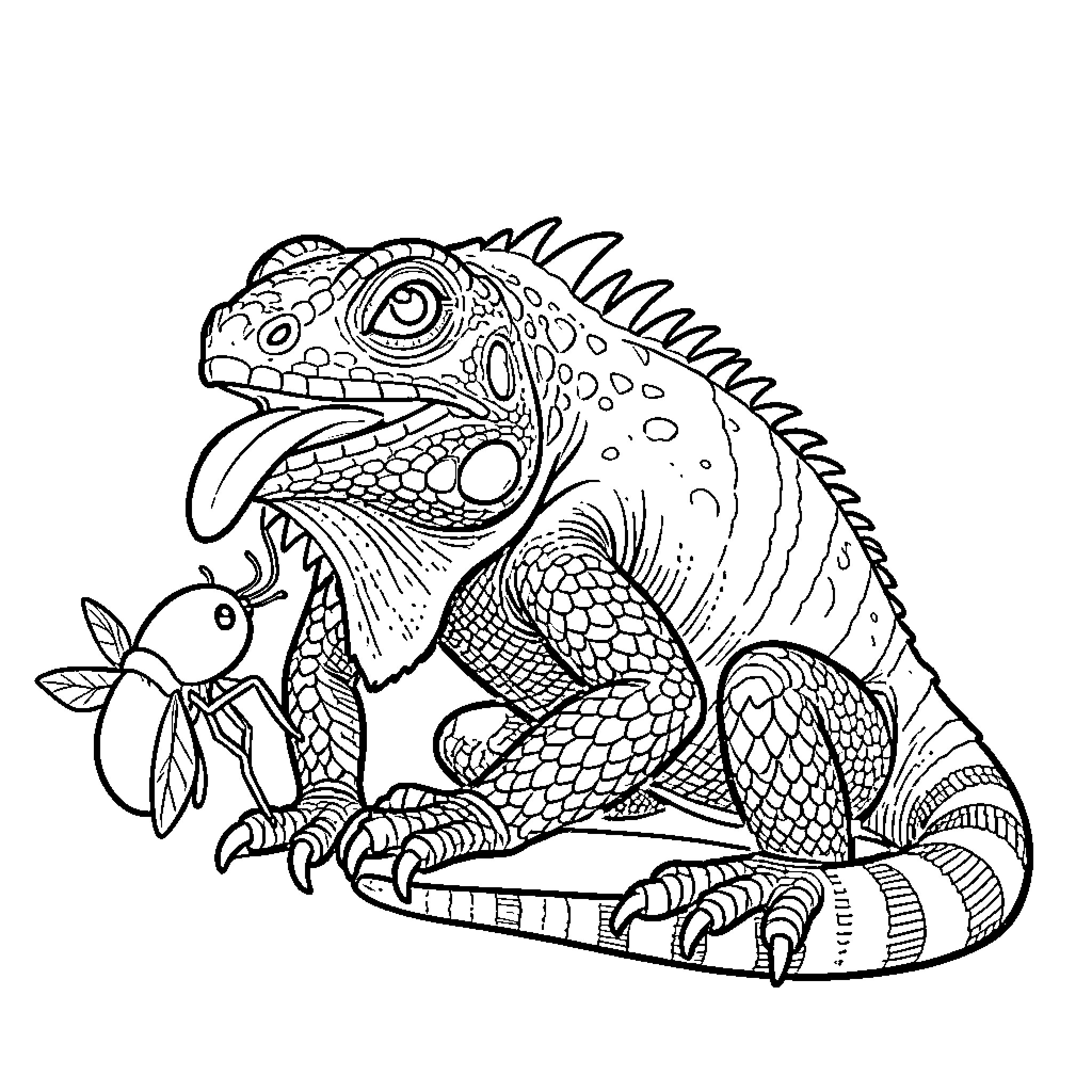 Iguana catching a flying insect with its tongue Coloring Page (free black-and-white line drawing printable PDF for all, from beginners to advanced learners, including children, teens, adults, and seniors)
