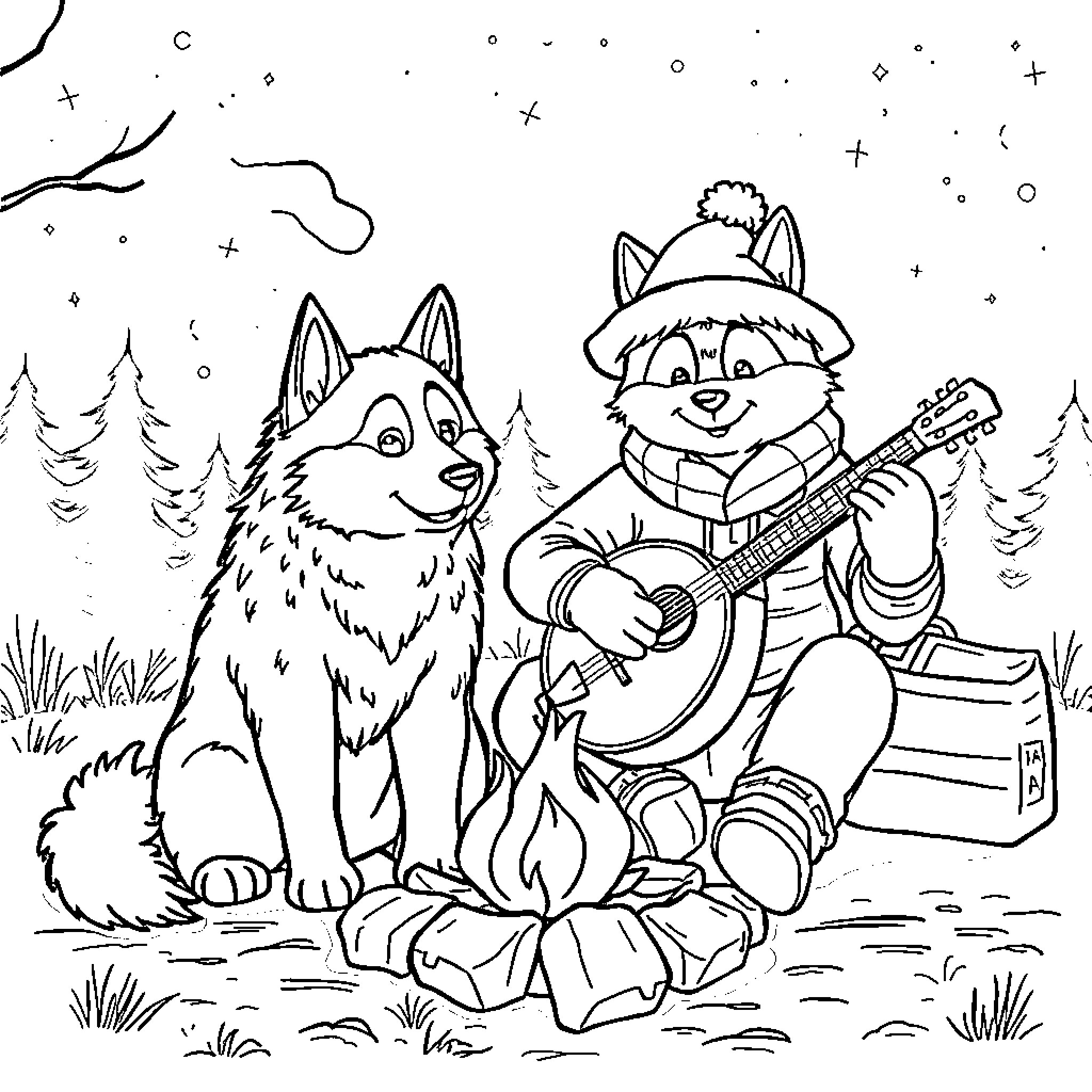 Husky and raccoon friends playing music in the snow Coloring Page (free black-and-white line drawing printable PDF for all, from beginners to advanced learners, including children, teens, adults, and seniors)